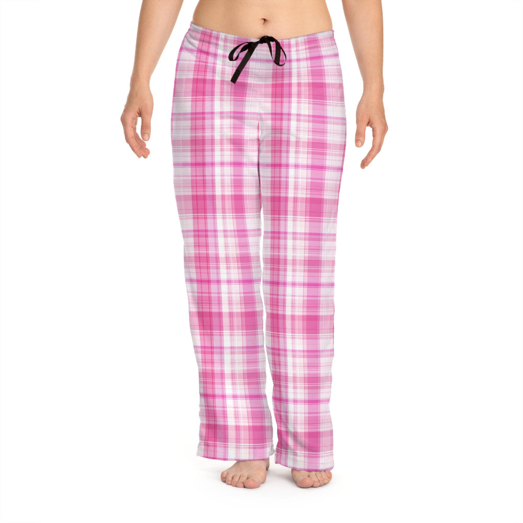 Pink Plaid Pajama Pants, Soft Polyester Lounge Wear
