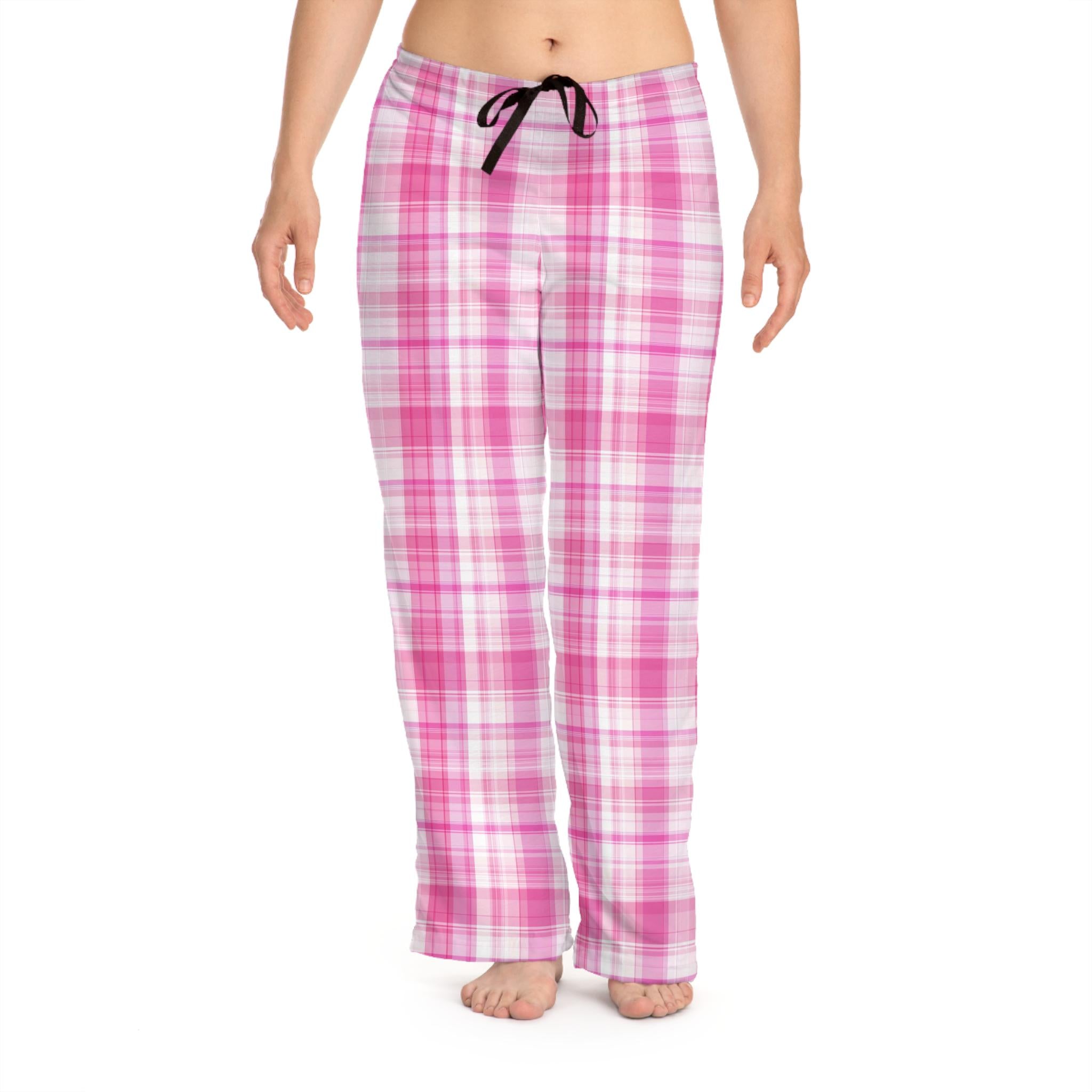 Pink Plaid Pajama Pants, Soft Polyester Lounge Wear