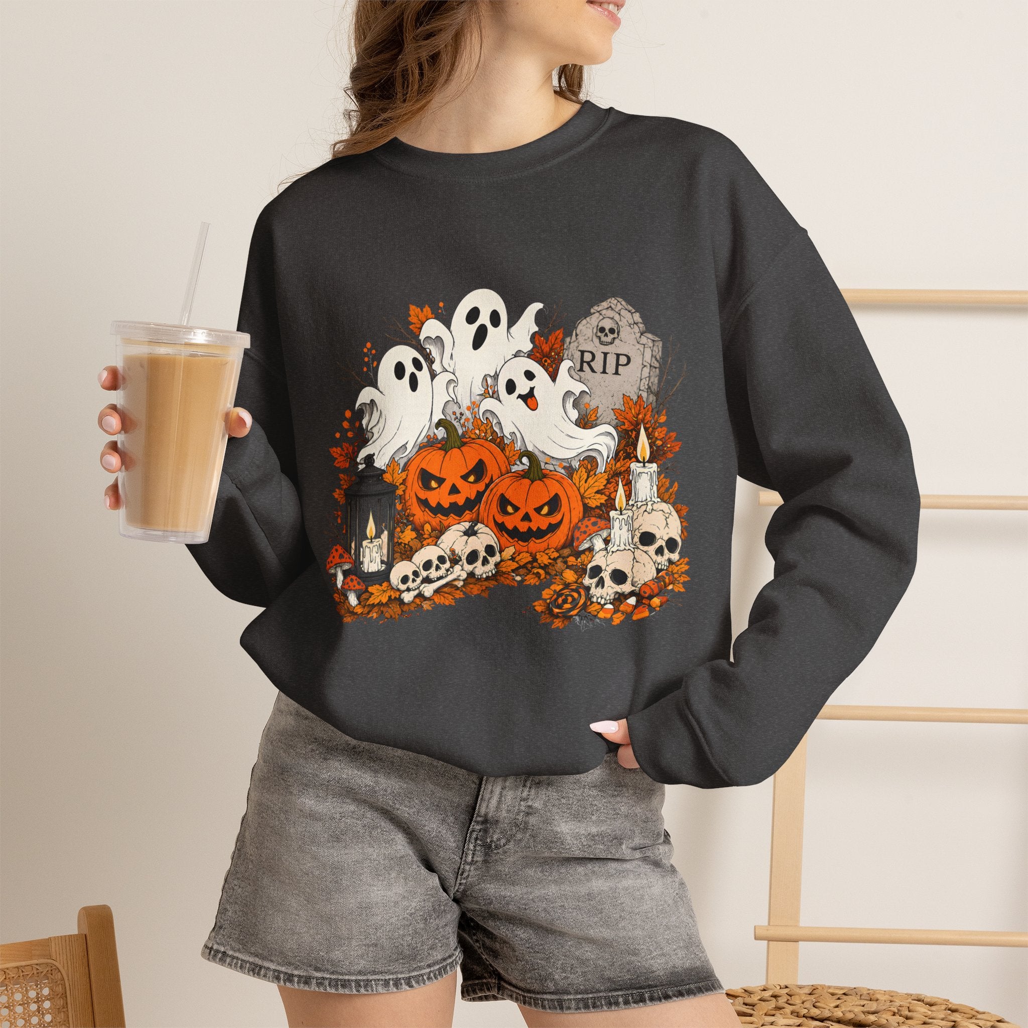 Halloween Ghost Pumpkin Sweatshirt, Spooky Graveyard Skull Crewneck, RIP Tombstone Ghost Sweater, Fall Halloween Shirt, Cute Ghost Gift