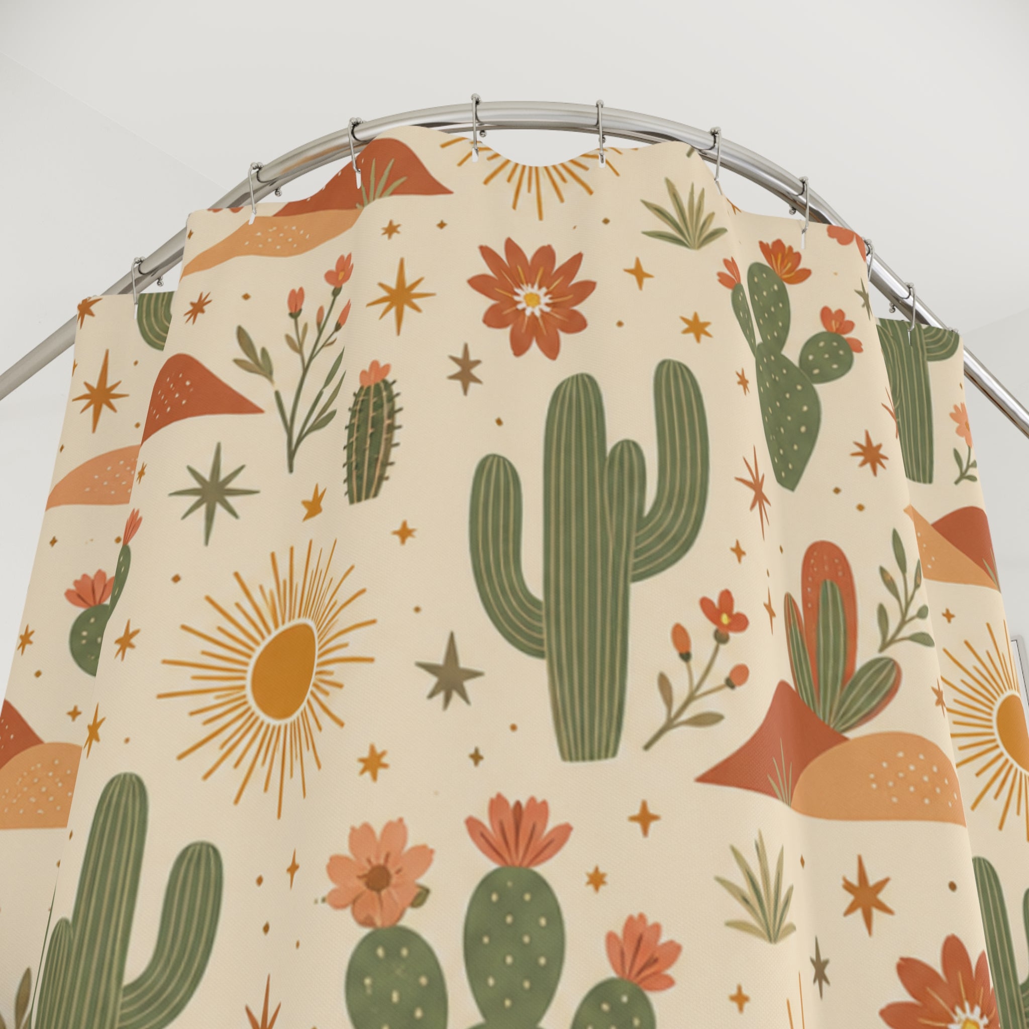 Boho Desert Cactus Shower Curtain, Terracotta Sun Mountain Bathroom Decor, Southwestern Cactus Bath Curtain, Cottagecore Desert Home Gift