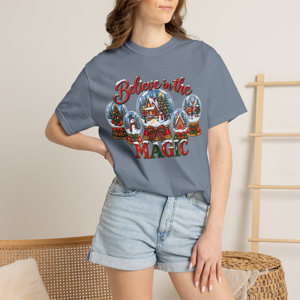 Comfort Colors Believe in the Magic Snow Globe Christmas T-shirt | Holiday Santa Village Design