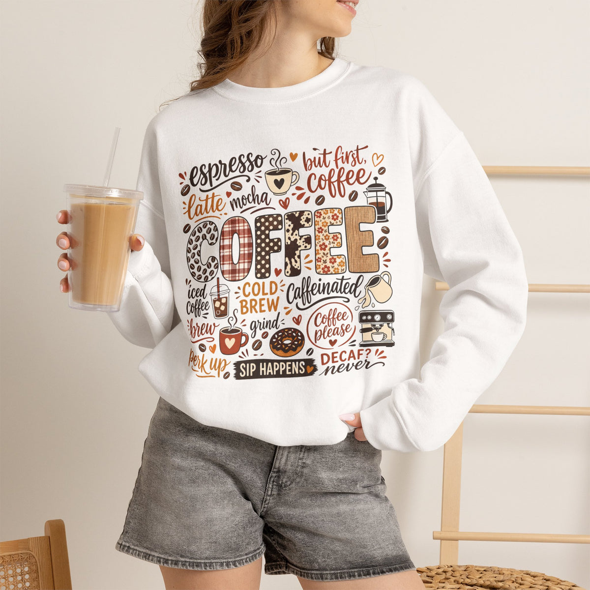 Coffee Lover Word Collage, Funny Coffee Quotes Design, Espresso Latte Mocha Iced Coffee Shirt Design, Sip Happens