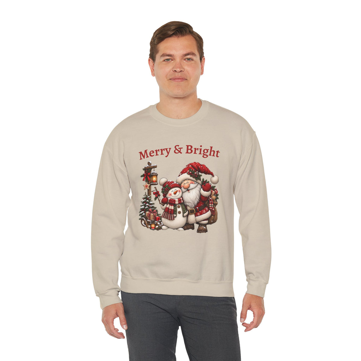Merry & Bright Sweatshirt, Santa Snowman Christmas Shirt, Vintage Holiday Crewneck, Festive Christmas Tee, Xmas Gift Sweatshirt for Her