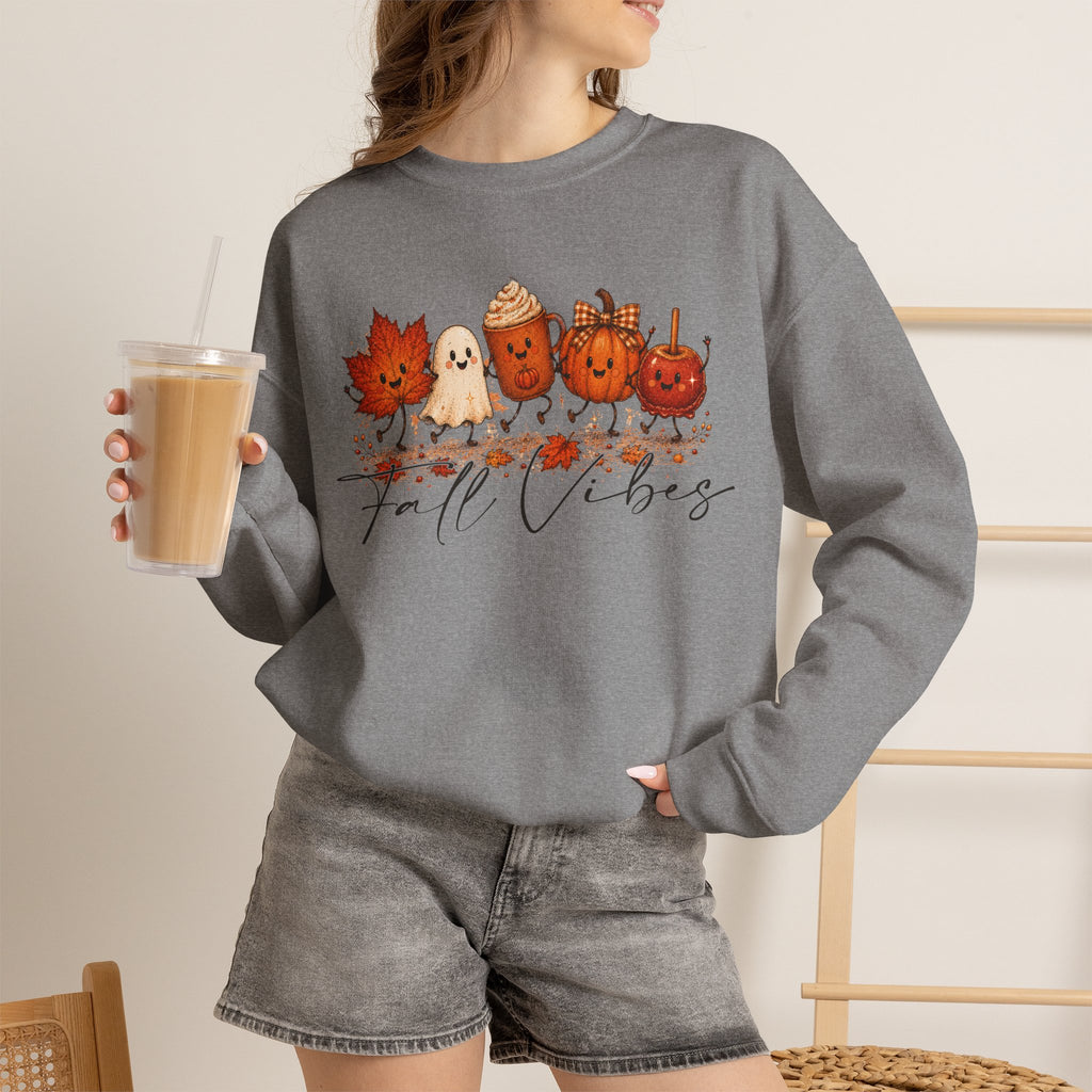 Fall Vibes Sweatshirt, Cute Autumn Characters Crewneck, Pumpkin Spice Latte Ghost Leaf Sweater, Kawaii Fall Shirt, Halloween Autumn Top