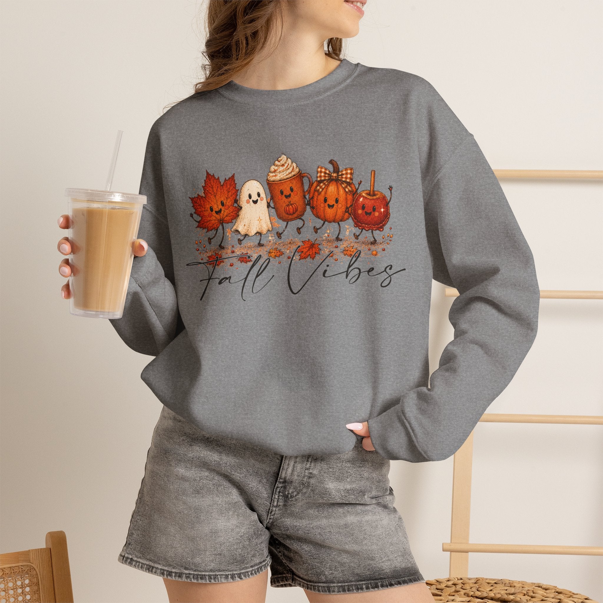 Fall Vibes Sweatshirt, Cute Autumn Characters Crewneck, Pumpkin Spice Latte Ghost Leaf Sweater, Kawaii Fall Shirt, Halloween Autumn Top