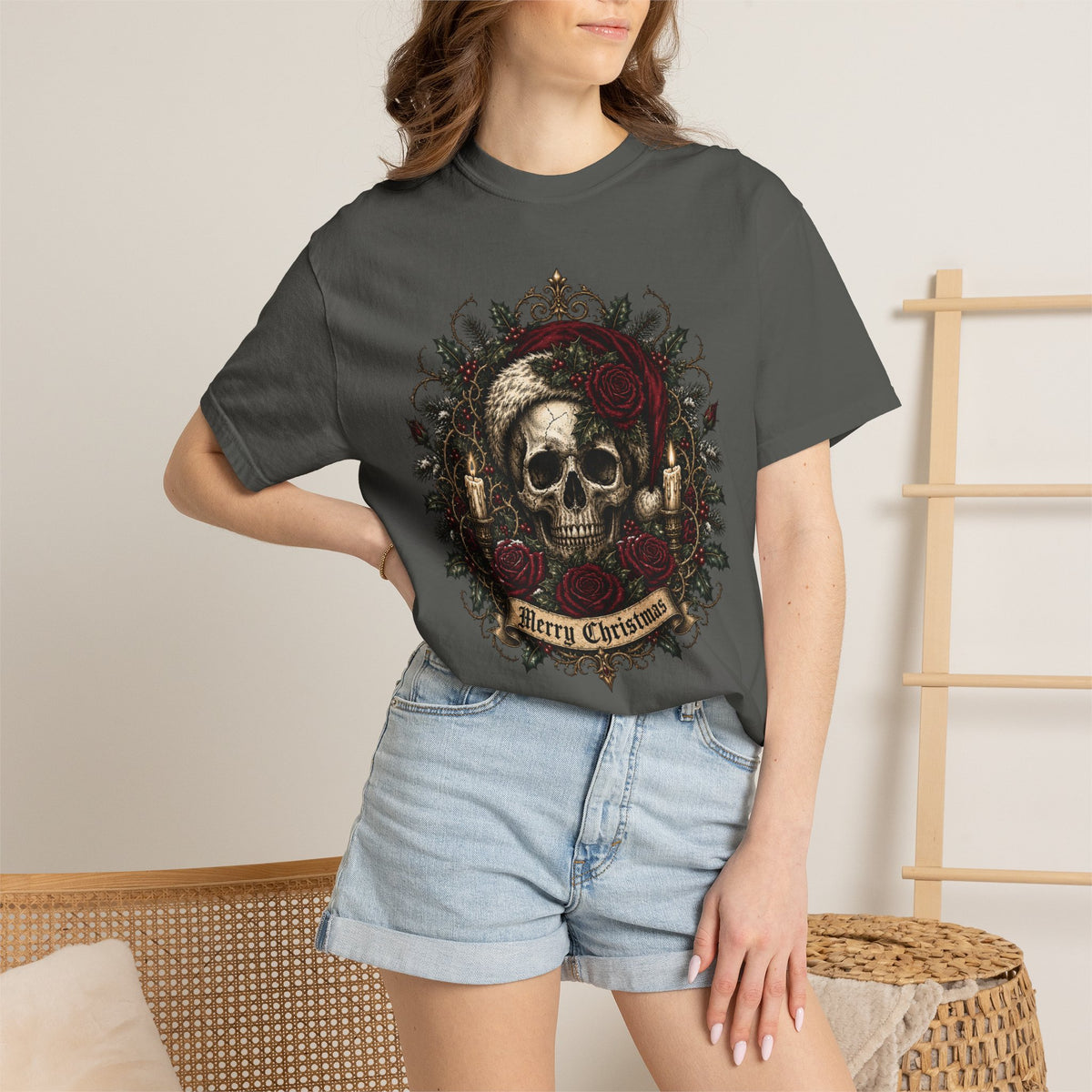 Gothic Skull Christmas Shirt, Dark Santa Skull Tee, Merry Christmas Skeleton Roses Shirt, Alternative Xmas Shirt, Punk Holiday Gift Tee