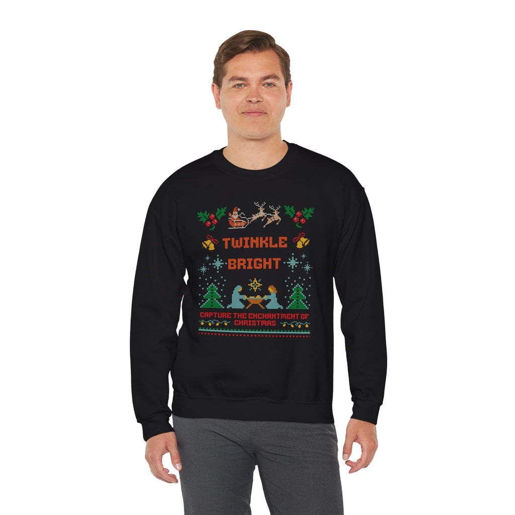 Nativity Christmas Sweatshirt, Twinkle Bright Ugly Christmas Sweater Style, Faux Cross Stitch Santa Reindeer Holiday Crewneck Gift