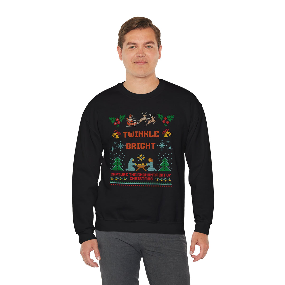 Nativity Christmas Sweatshirt, Twinkle Bright Ugly Christmas Sweater Style, Faux Cross Stitch Santa Reindeer Holiday Crewneck Gift