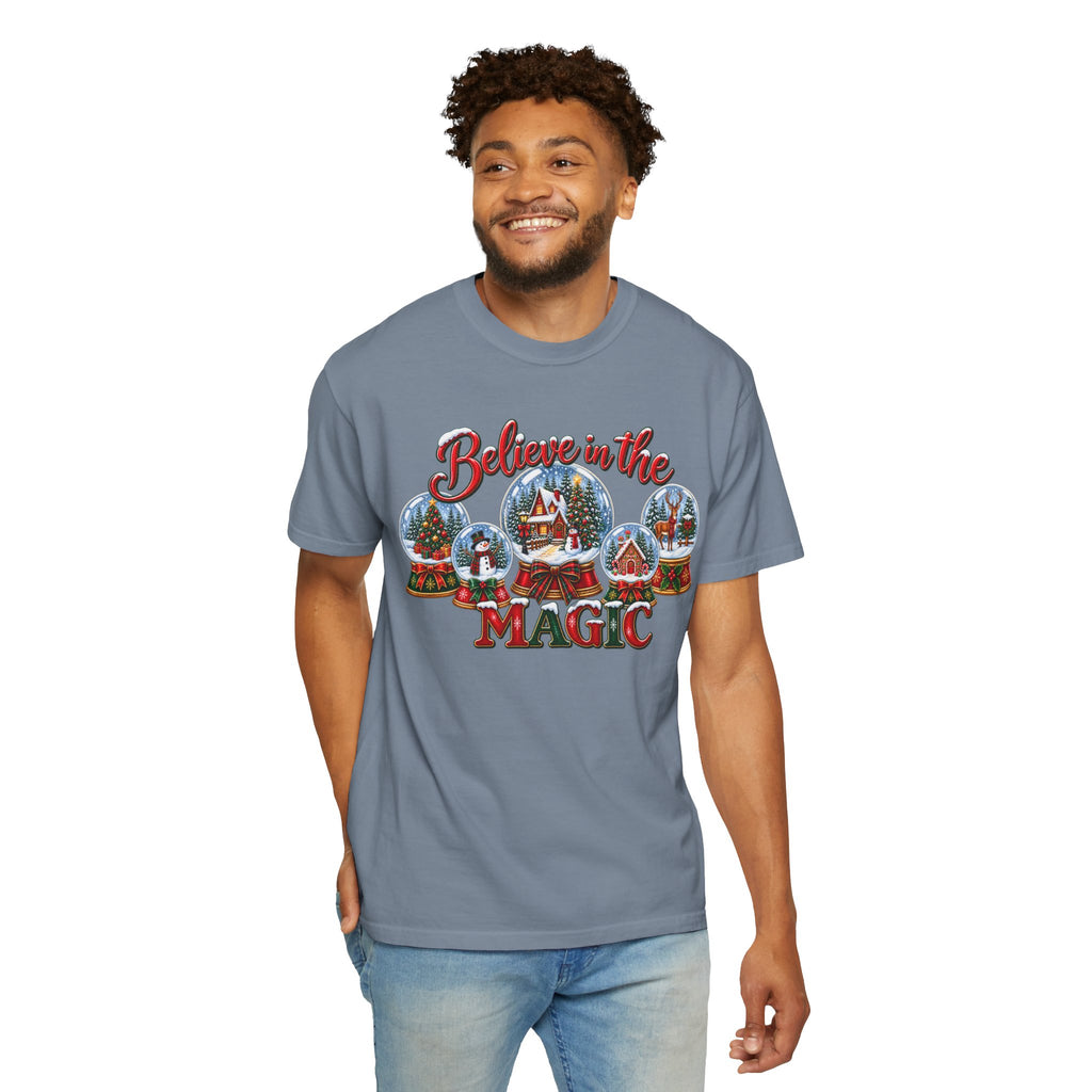 Comfort Colors Believe in the Magic Snow Globe Christmas T-shirt | Holiday Santa Village Design
