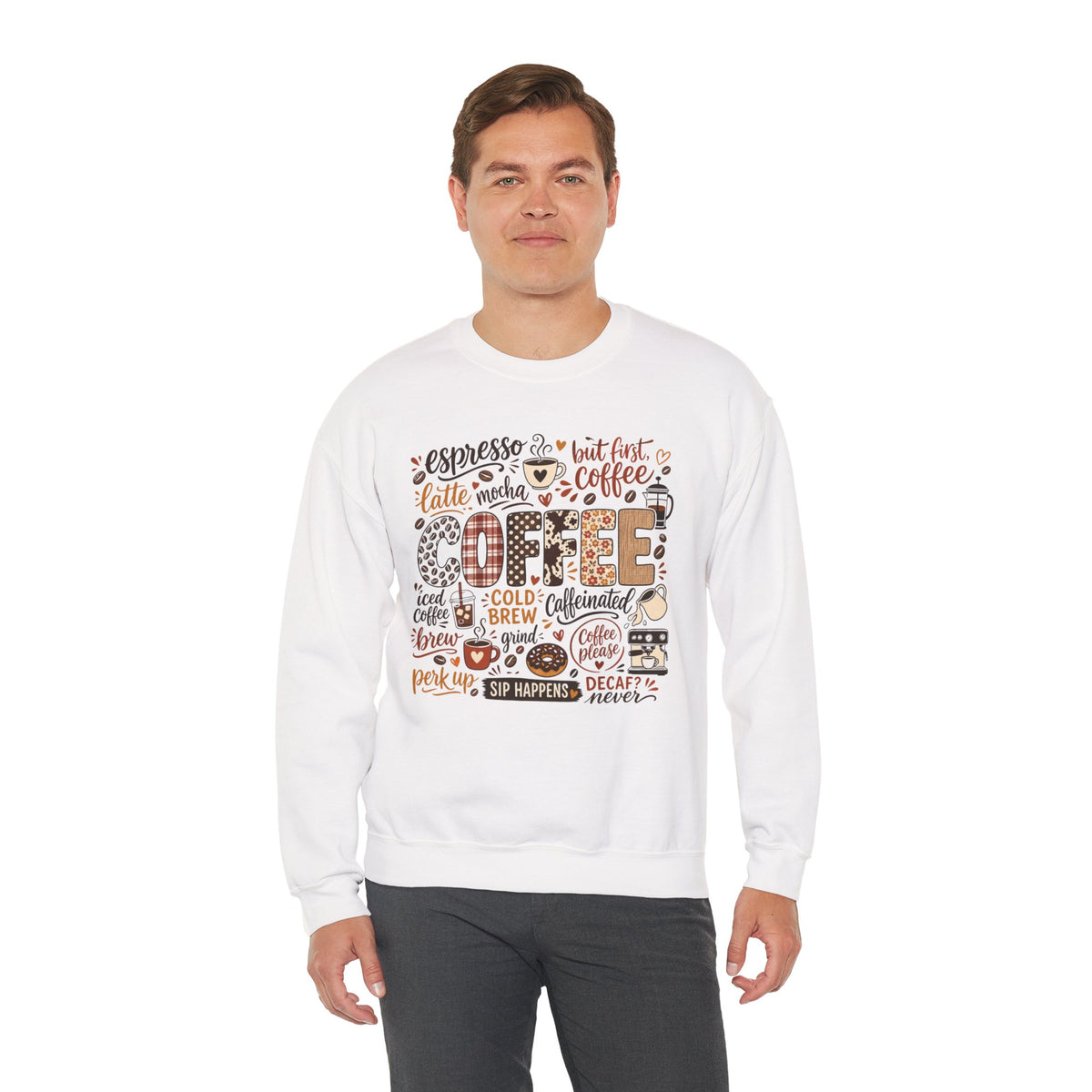 Coffee Lover Word Collage, Funny Coffee Quotes Design, Espresso Latte Mocha Iced Coffee Shirt Design, Sip Happens