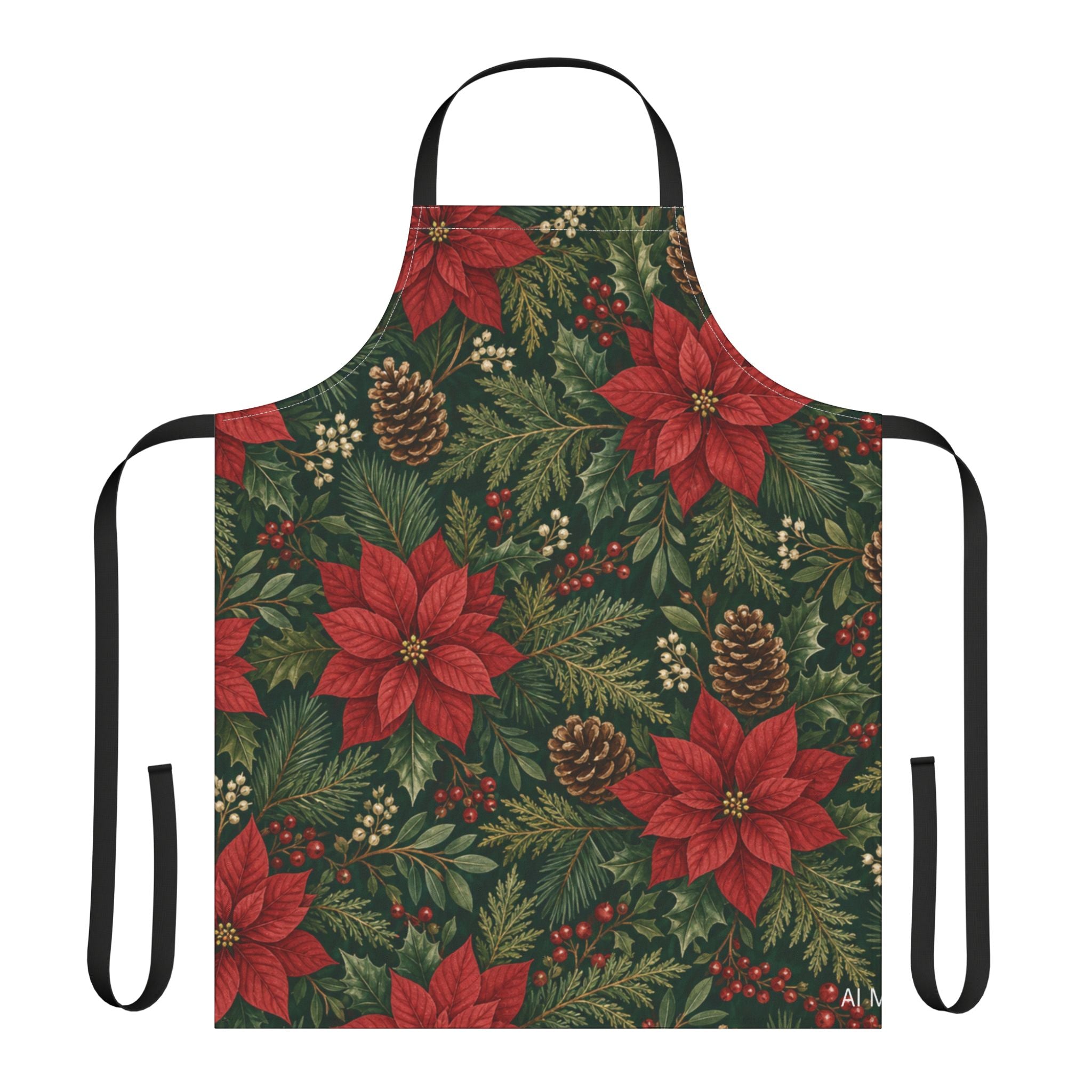 Christmas Apron Poinsettia Pine Cone Print, Red Green Holiday Kitchen Apron Women, Farmhouse Christmas Cooking Baking Gift Idea