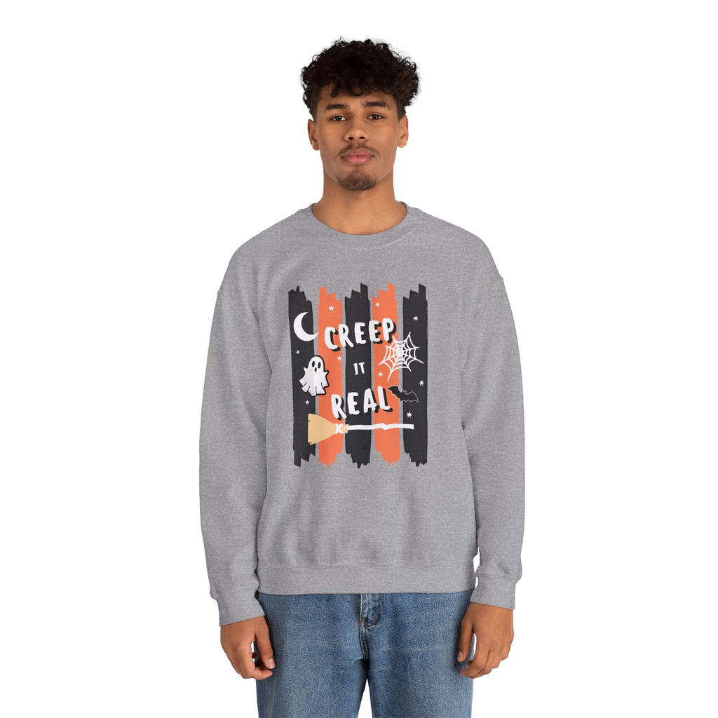 Creep It Real Halloween Sweatshirt, Funny Ghost Bat Spiderweb Crewneck, Orange Black Stripe Halloween Shirt, Cute Fall Pullover Women Gift