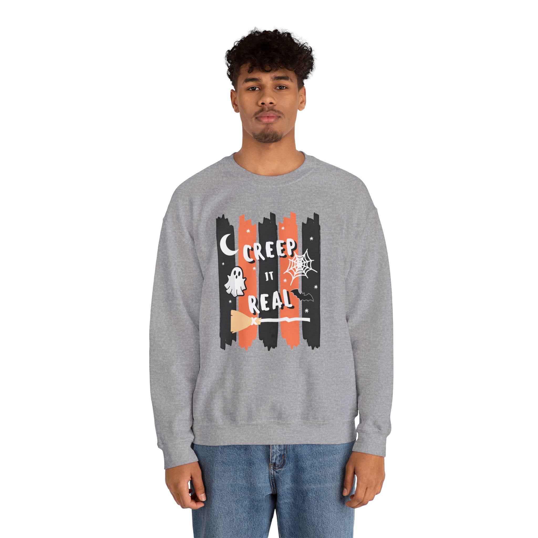 Creep It Real Halloween Sweatshirt, Funny Ghost Bat Spiderweb Crewneck, Orange Black Stripe Halloween Shirt, Cute Fall Pullover Women Gift