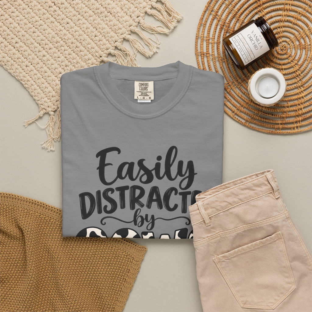 Comfort Color Easily Distracted By Cows T-Shirt, Cow Print Crewneck, Funny Farm Shirt, Cow Lover Gift, Farm Life Top, Country Girl