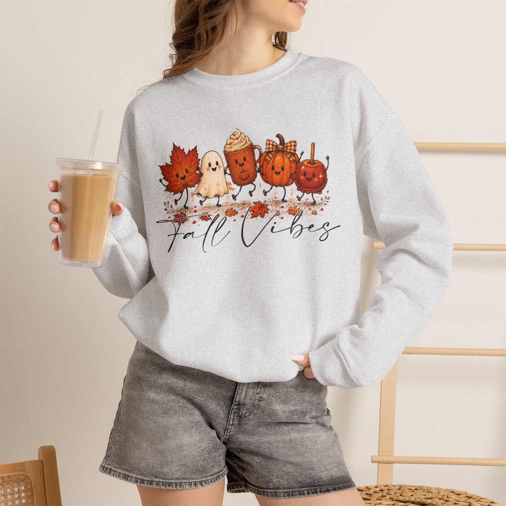 Fall Vibes Sweatshirt, Cute Autumn Characters Crewneck, Pumpkin Spice Latte Ghost Leaf Sweater, Kawaii Fall Shirt, Halloween Autumn Top