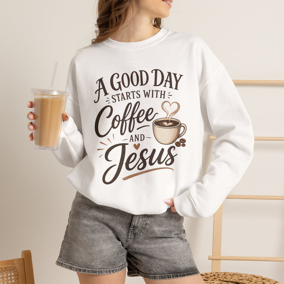 A Good Day Starts with Coffee and Jesus Shirt, Christian Coffee Sweatshirt, Faith Based Top, Religious Coffee Lover Gift, Women's Christian