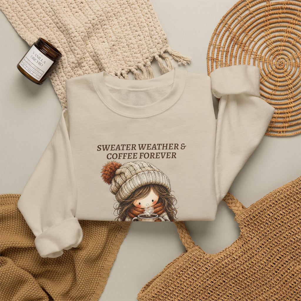 Sweater Weather & Coffee Forever Sweatshirt, Fall Girl Coffee Cup Shirt, Cozy Autumn Crewneck, Cute Boho Fall Vibes Tee, Coffee Lover Gift