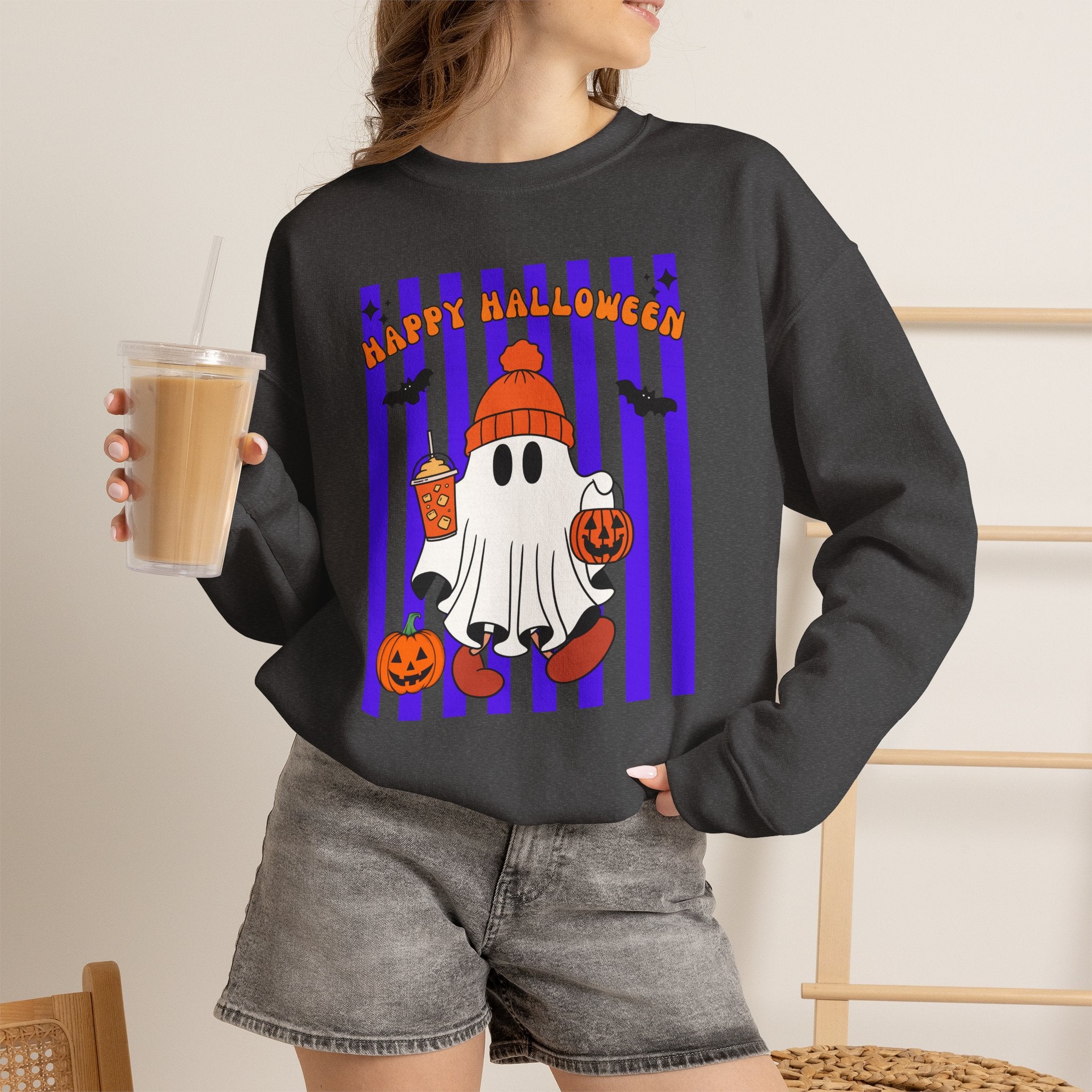 Boo Ghost Halloween Sweatshirt, Cute Ghost Pumpkin Striped Crewneck, Witch Hat Ghost Shirt, Fall Halloween Sweater, Halloween Gift