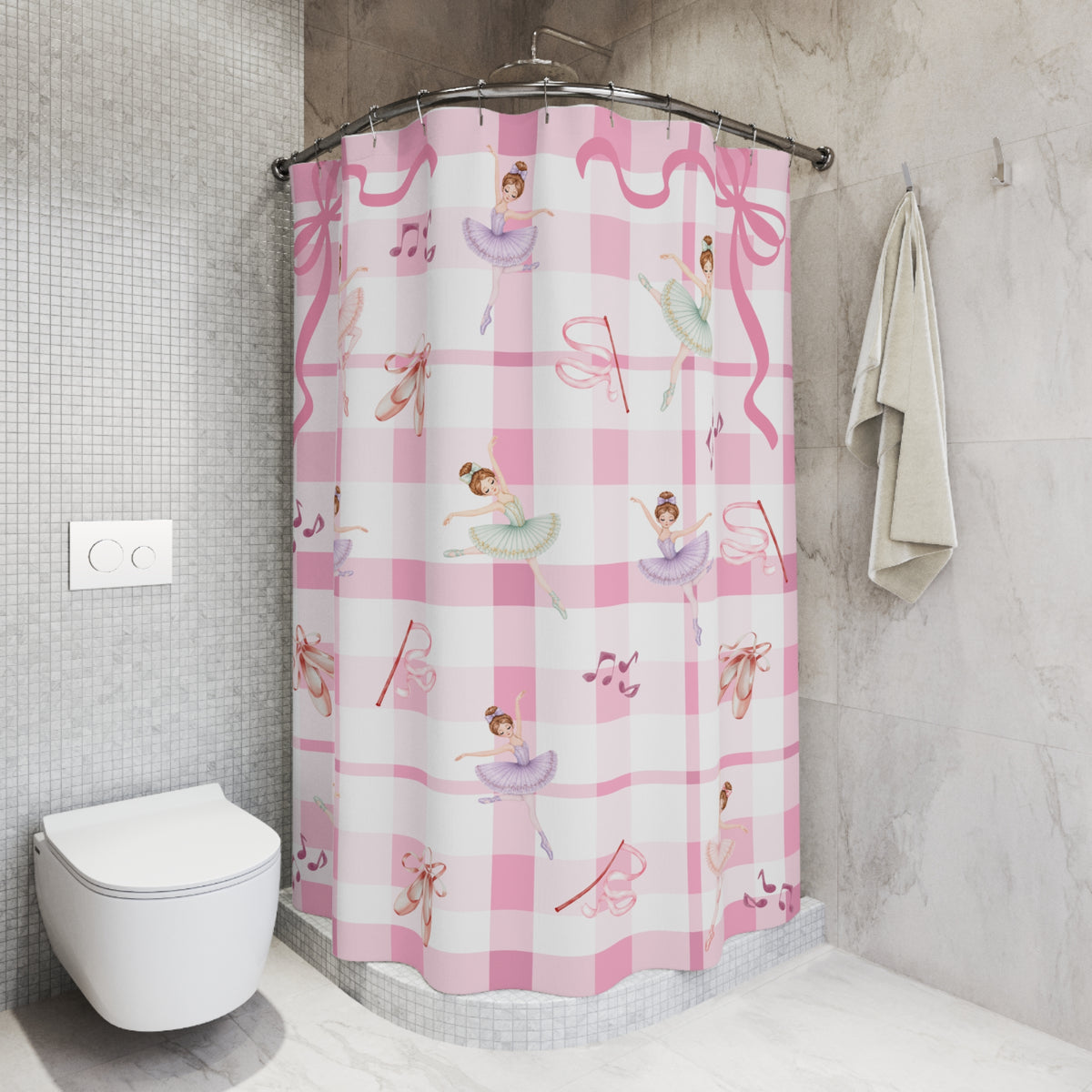 Ballerina Shower Curtain, Pink Gingham Ballet Bathroom Decor, Girls Bathroom Coquette Bow Dance Studio Gift, Pink Plaid Kids Bath Decor