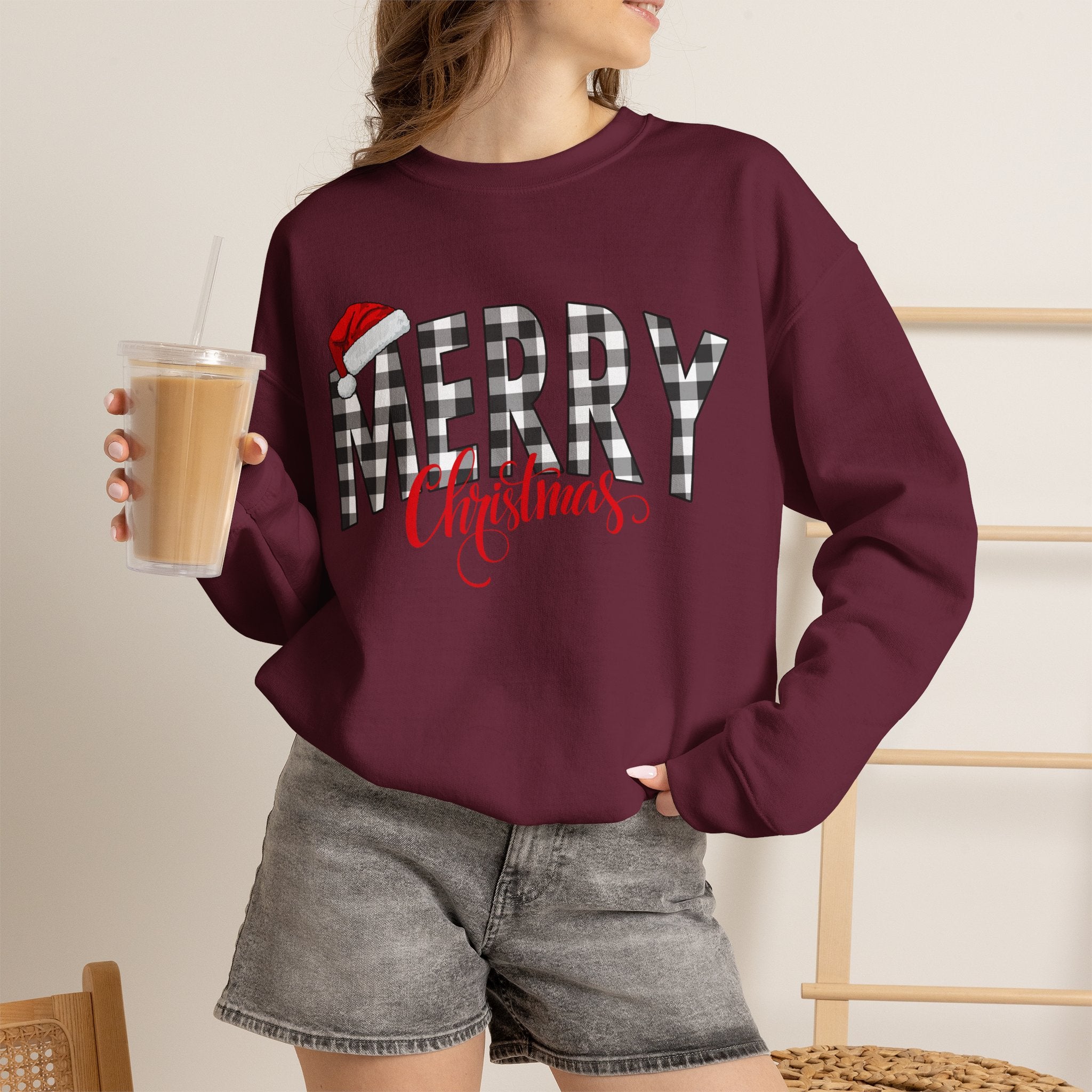 Merry Christmas Buffalo Plaid Sweatshirt, Santa Hat Christmas Sweatshirt, Plaid Christmas Shirt, Women's Holiday Sweatshirt, Christmas Gift