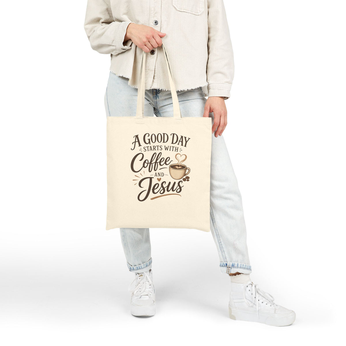 A Good Day Starts With Coffee and Jesus Tote Bag | Faith Coffee Tote