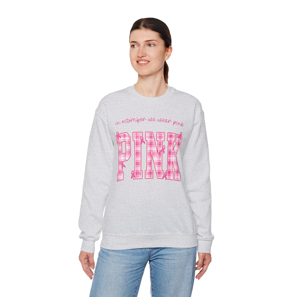 In October We Wear Pink Sweatshirt, Breast Cancer Awareness Top, Pink Plaid Design, Survivor Support Shirt, Pink Ribbon Top