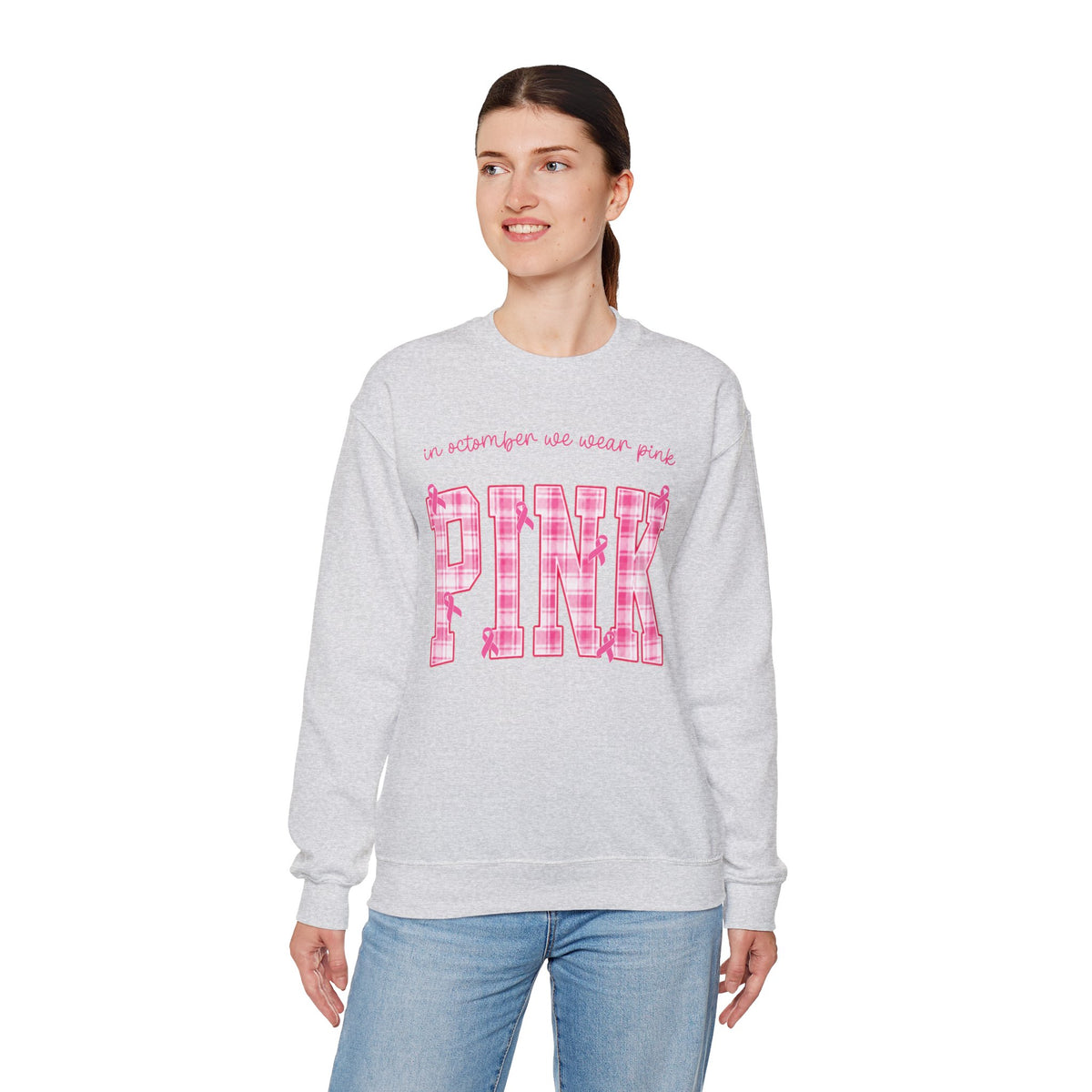 In October We Wear Pink Sweatshirt, Breast Cancer Awareness Top, Pink Plaid Design, Survivor Support Shirt, Pink Ribbon Top