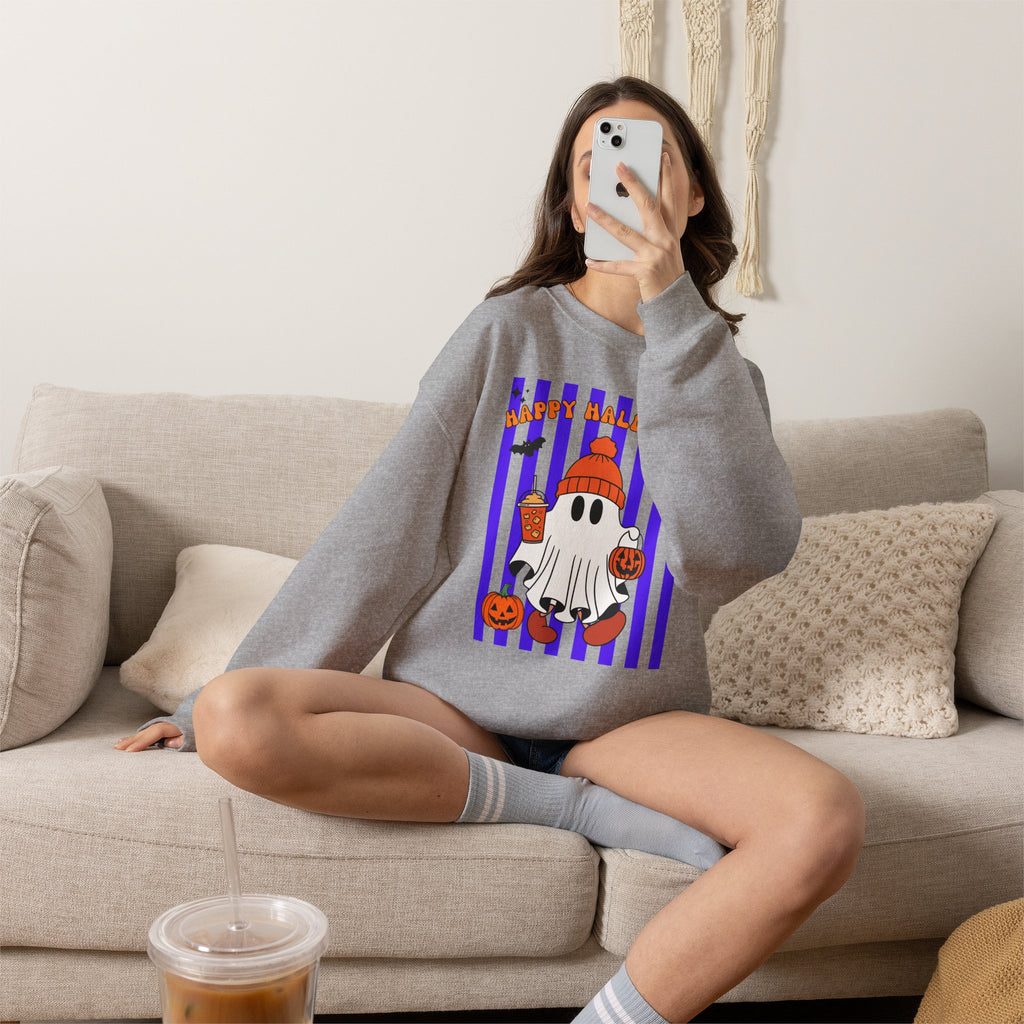 Boo Ghost Halloween Sweatshirt, Cute Ghost Pumpkin Striped Crewneck, Witch Hat Ghost Shirt, Fall Halloween Sweater, Halloween Gift