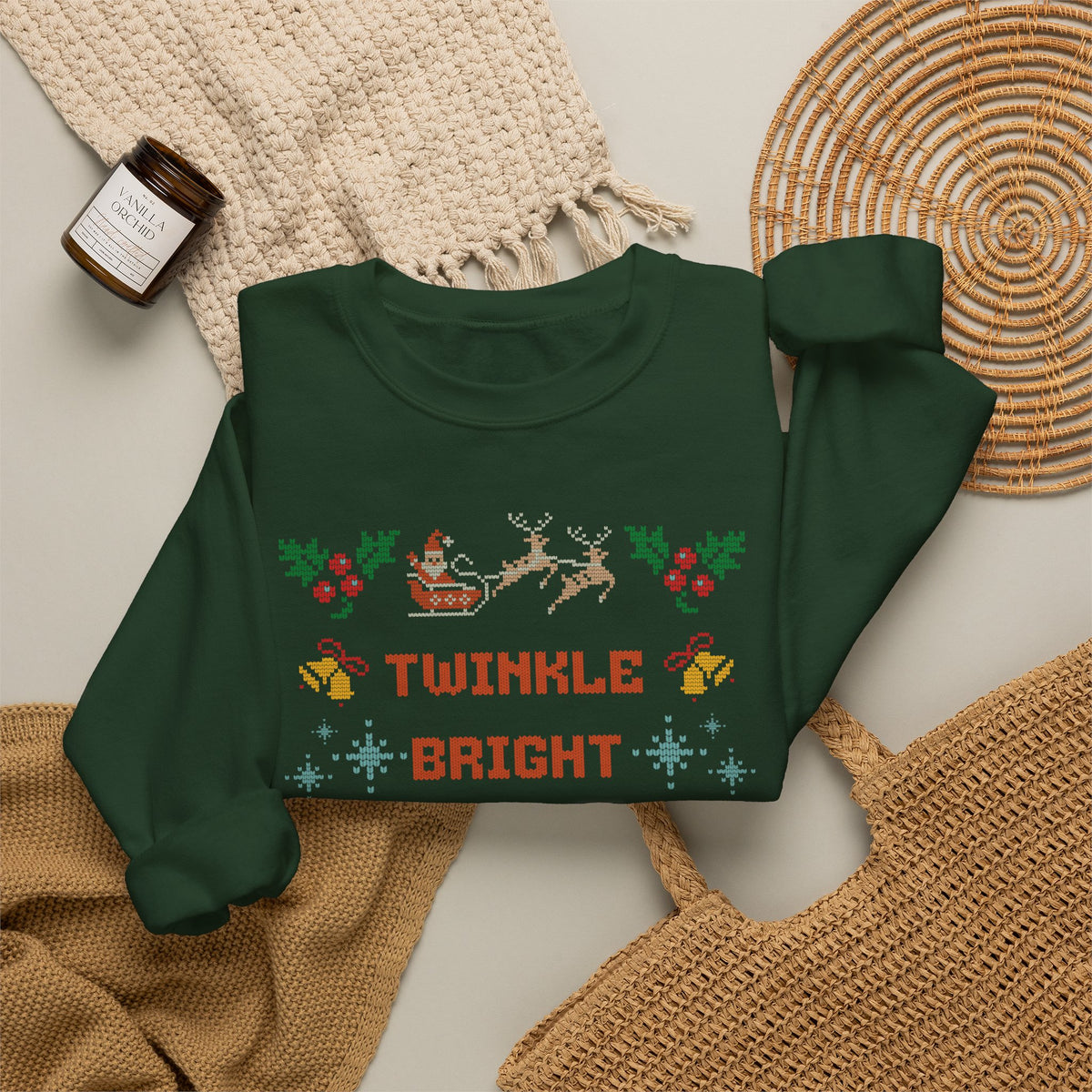 Nativity Christmas Sweatshirt, Twinkle Bright Ugly Christmas Sweater Style, Faux Cross Stitch Santa Reindeer Holiday Crewneck Gift