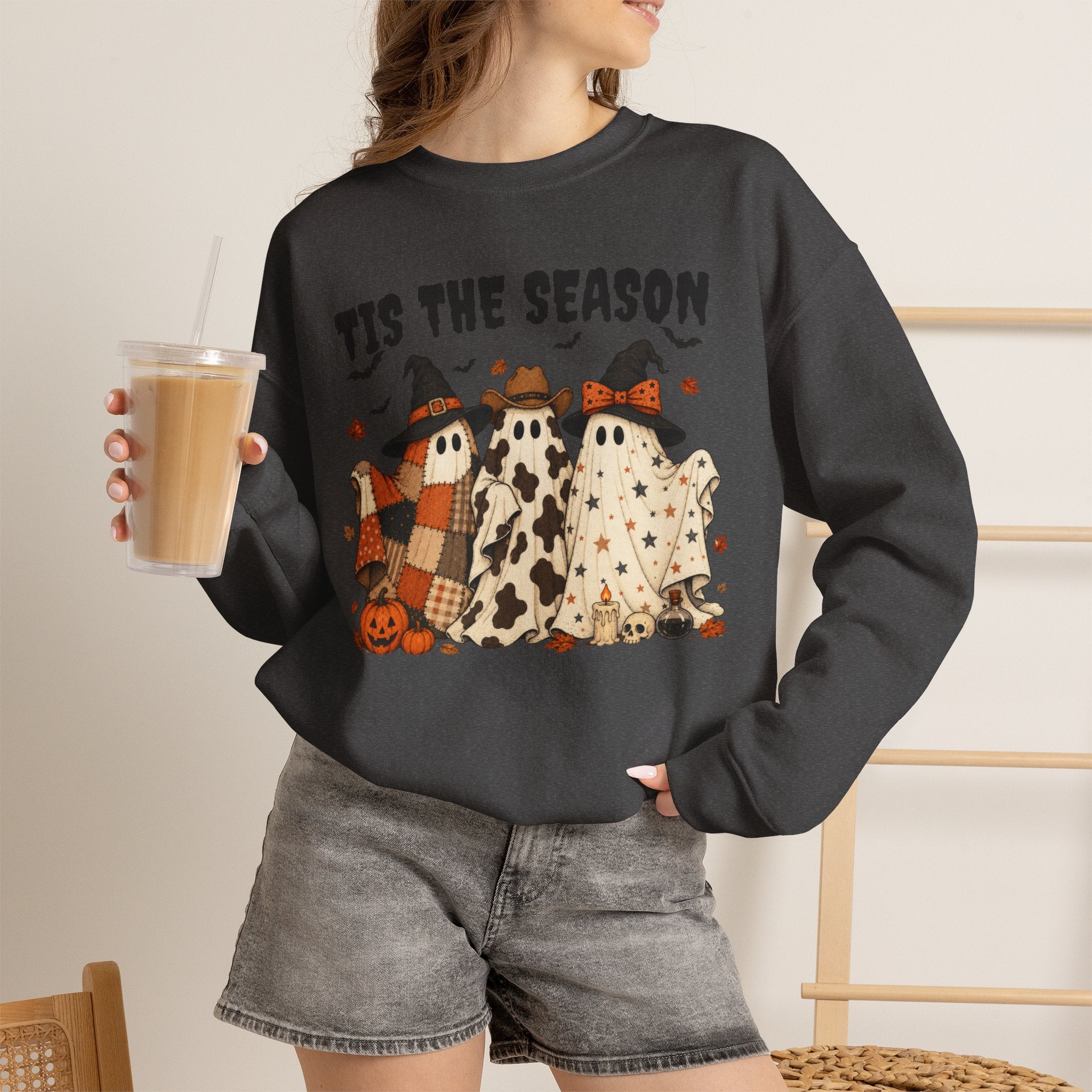Tis The Season Ghost Sweatshirt, Halloween Ghost Crewneck, Witch Hat Ghost Shirt, Cow Print Plaid Ghost Sweater, Fall Halloween Top