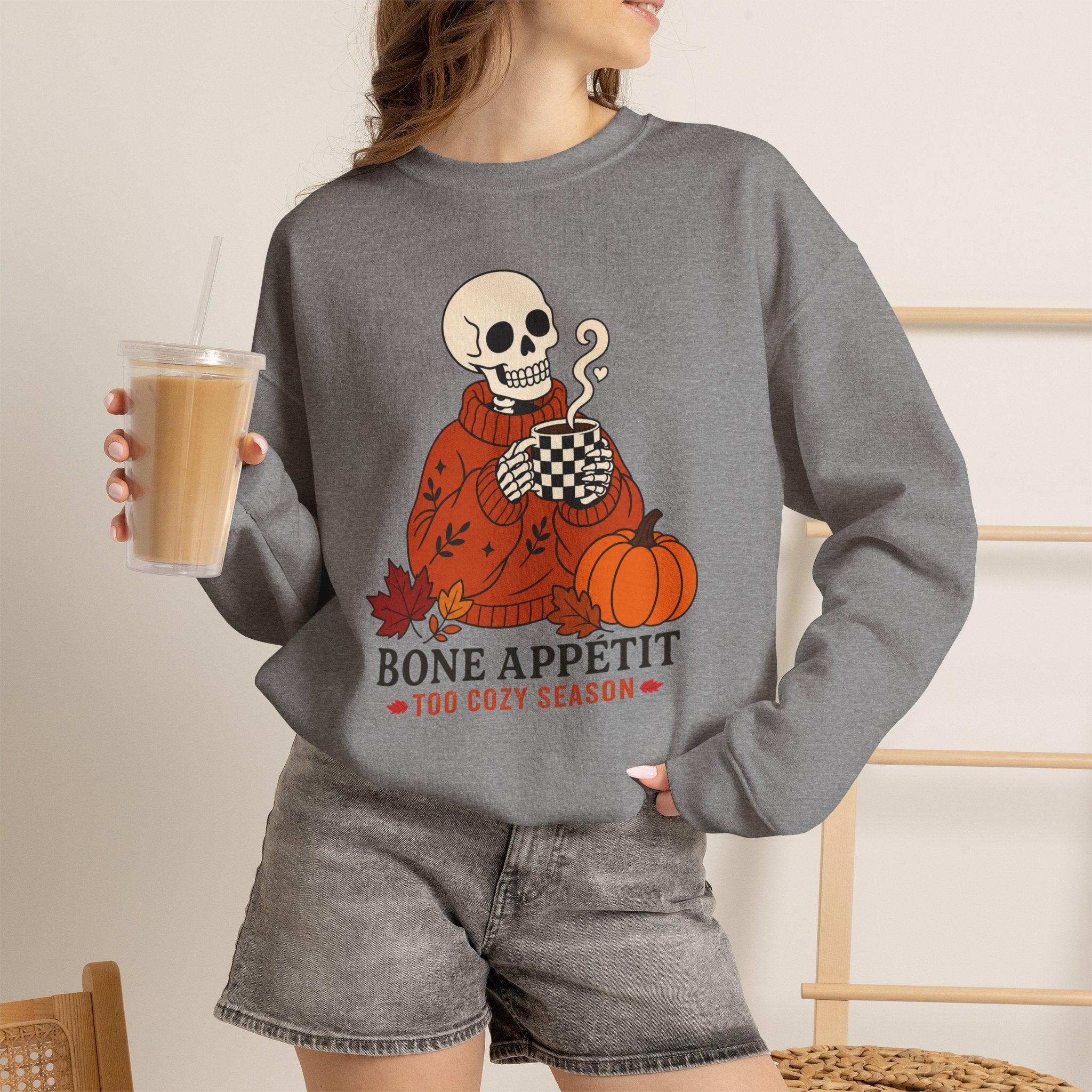 Bone Appetit Sweatshirt, Funny Skeleton Coffee Sweatshirt, Cozy Season Fall Sweater, Halloween Pumpkin Shirt, Skeleton Latte Sweatshirt