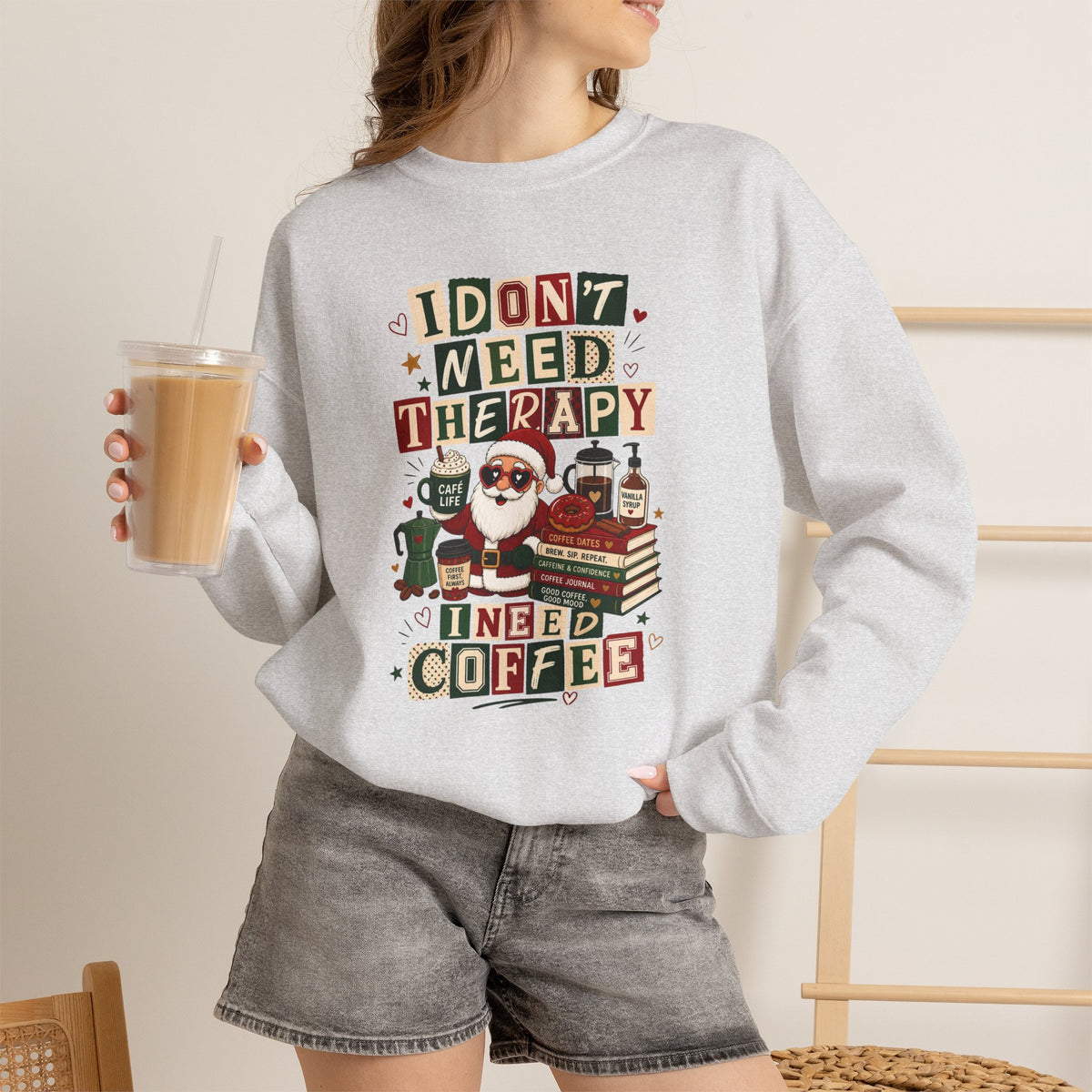 Christmas Sweatshirt I Don't Need Therapy I Need Coffee Funny Santa Coffee Lover Shirt Xmas Plaid Retro Holiday Gift for Women