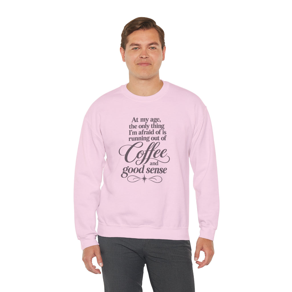 Funny Coffee Sweatshirt, At My Age Only Afraid of Running Out of Coffee and Good Sense, Sarcastic Women's Tee, Funny Coffee Lover Gift Shirt