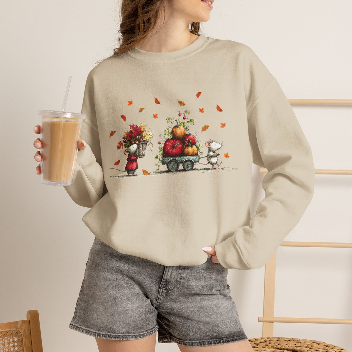 Fall Pumpkin Wagon Cute Autumn Harvest Sweatshirt, Thanksgiving Fall Leaves Shirt, Watercolor Pumpkin Apple Cart, Gift for Fall Lovers
