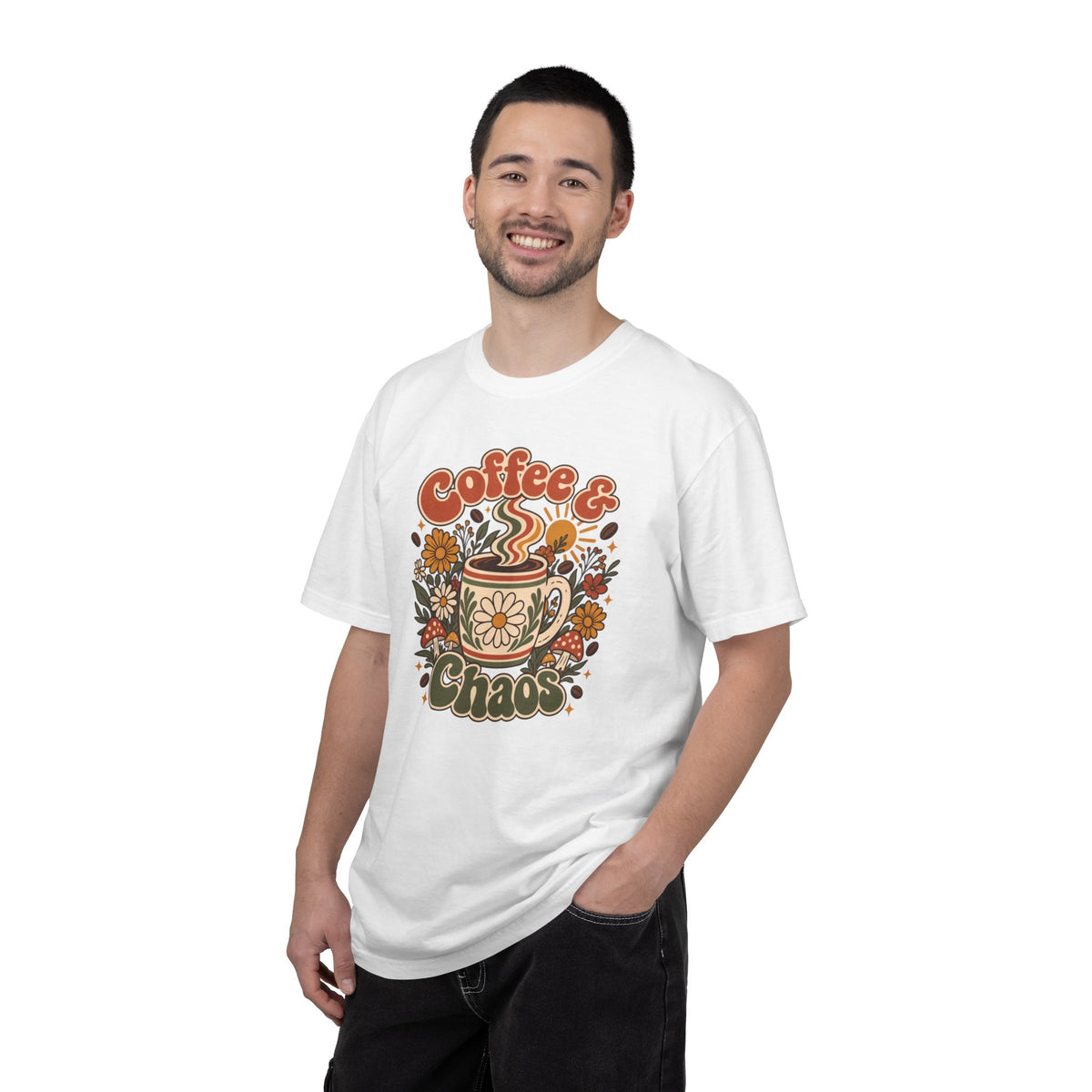 Comfort Color Retro-style Coffee & Chaos graphic T-Shirt featuring a floral coffee mug, cottagecore-inspired gift for coffee lovers