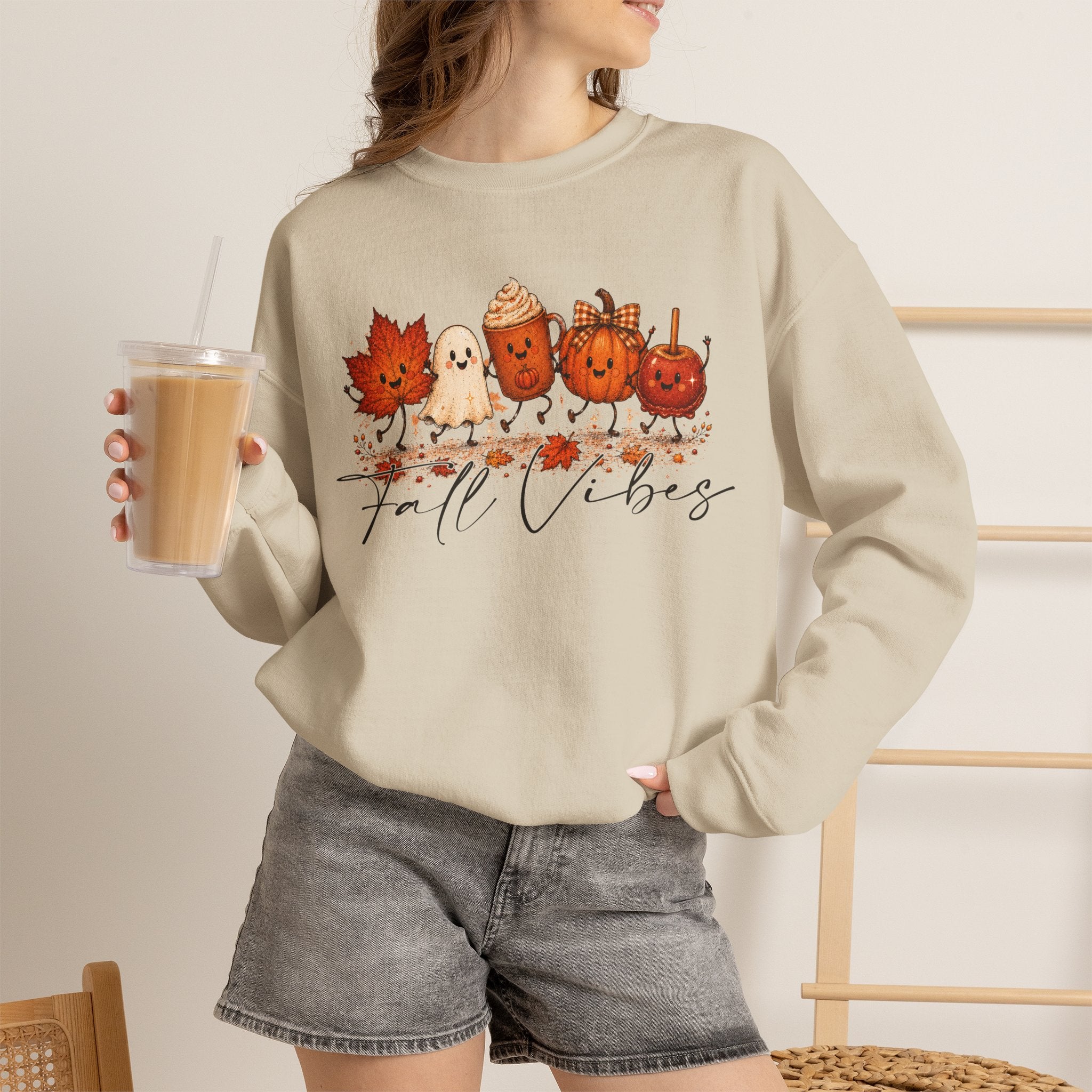 Fall Vibes Sweatshirt, Cute Autumn Characters Crewneck, Pumpkin Spice Latte Ghost Leaf Sweater, Kawaii Fall Shirt, Halloween Autumn Top