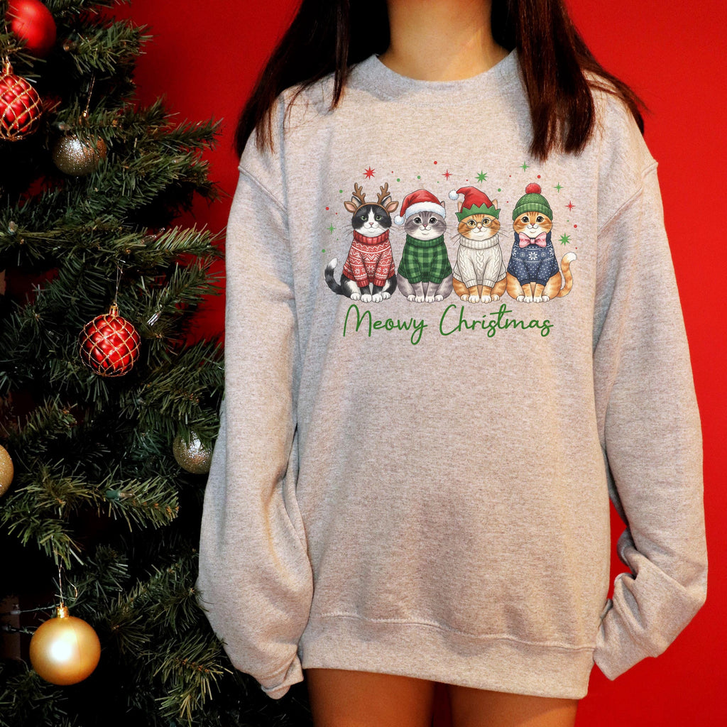 Meowy Christmas Sweatshirt, Funny Cat Christmas Sweater, Cat Mom Holiday Shirt, Christmas Cat Crewneck, Cute Cat Lover Gift, Xmas Sweatshirt