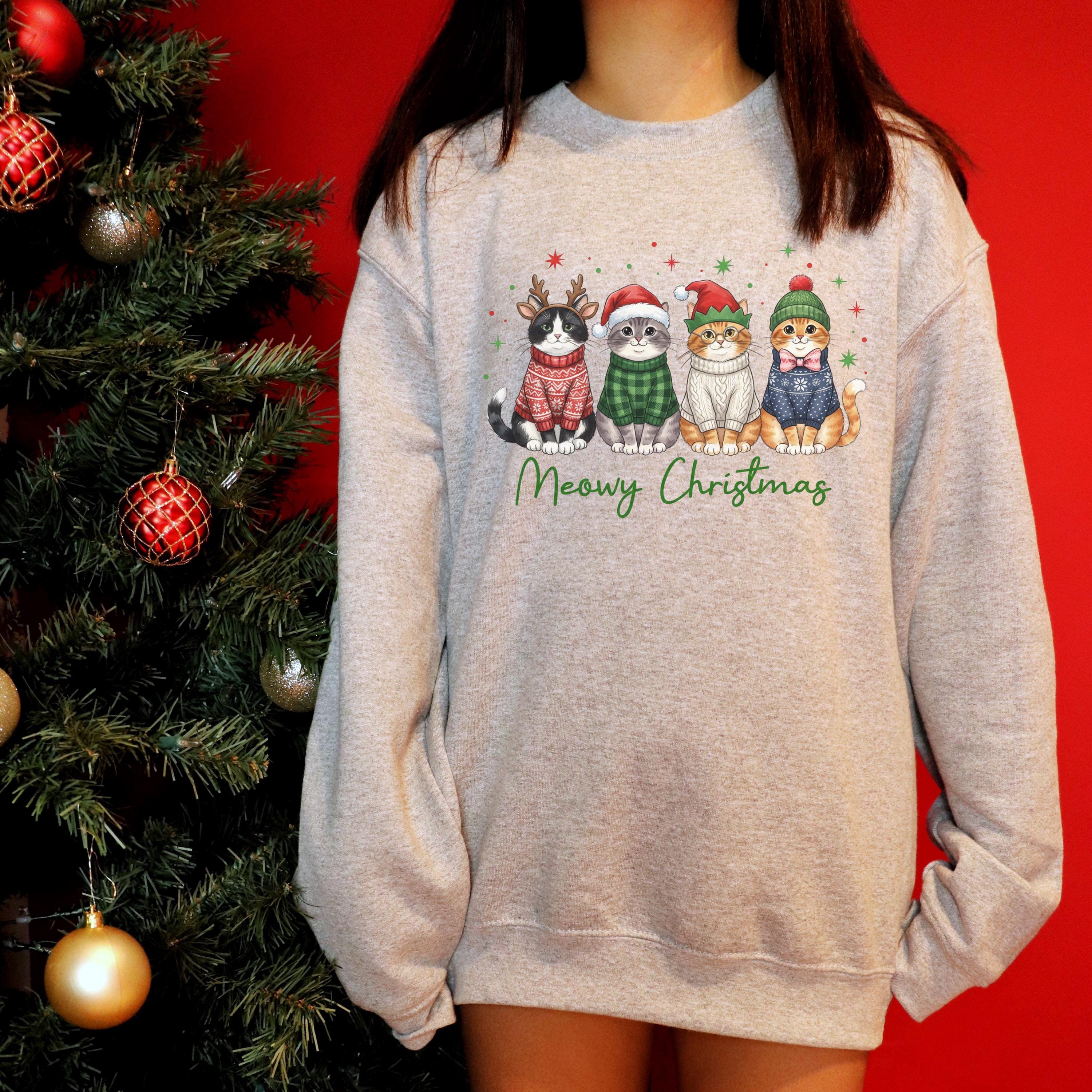 Meowy Christmas Sweatshirt, Funny Cat Christmas Sweater, Cat Mom Holiday Shirt, Christmas Cat Crewneck, Cute Cat Lover Gift, Xmas Sweatshirt