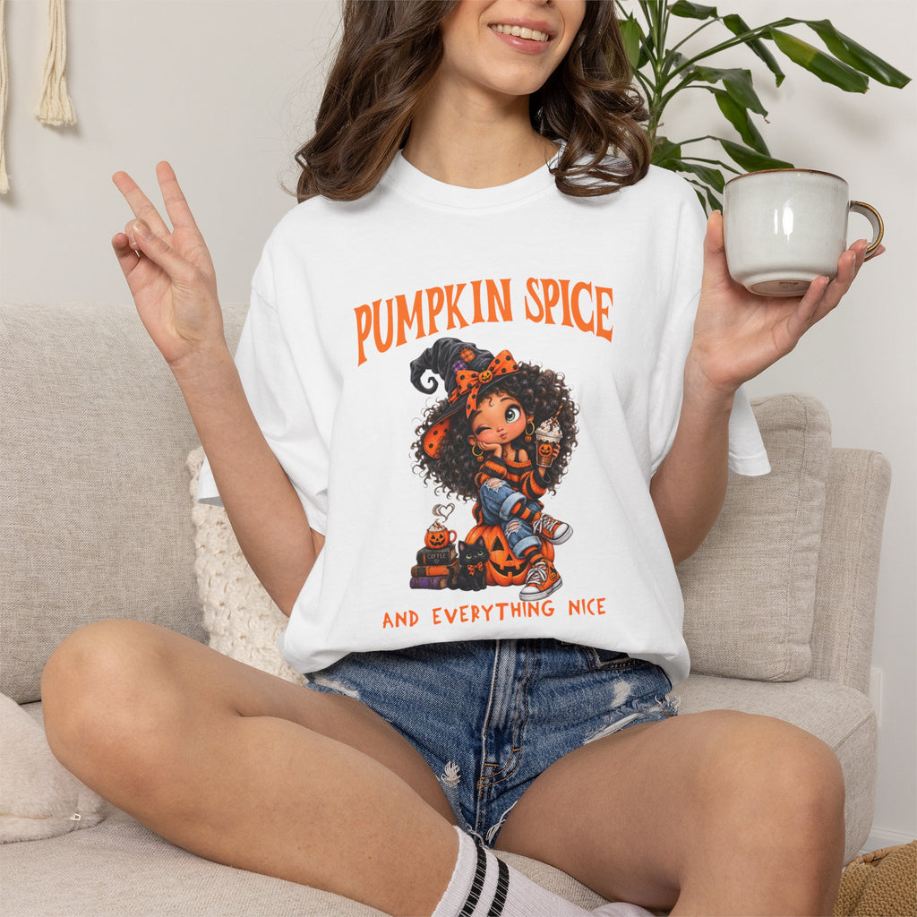 Pumpkin Comfort Colors Spice and Everything Nice T-Shirt, Cute Halloween and Fall Crewneck Trendy T-Shirt, Autumn Coffee Fall Shirt Gift