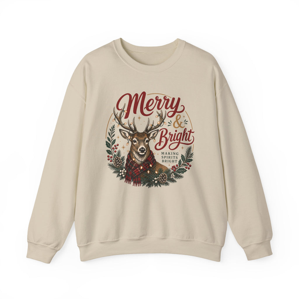 Merry & Bright Deer Sweatshirt, Christmas Reindeer Crewneck, Making Spirits Bright Shirt, Plaid Scarf Deer Sweater, Xmas Gift for Her