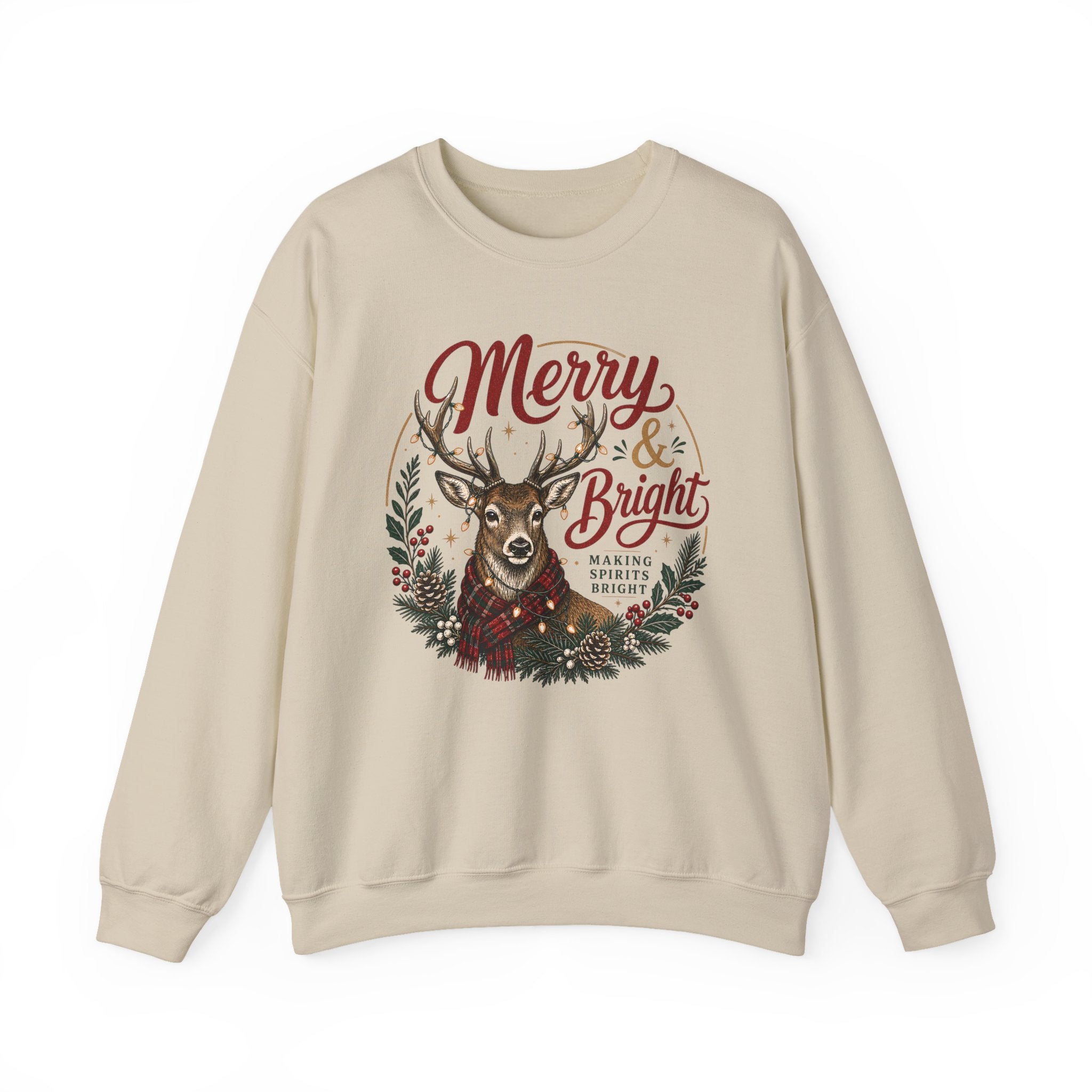 Merry & Bright Deer Sweatshirt, Christmas Reindeer Crewneck, Making Spirits Bright Shirt, Plaid Scarf Deer Sweater, Xmas Gift for Her