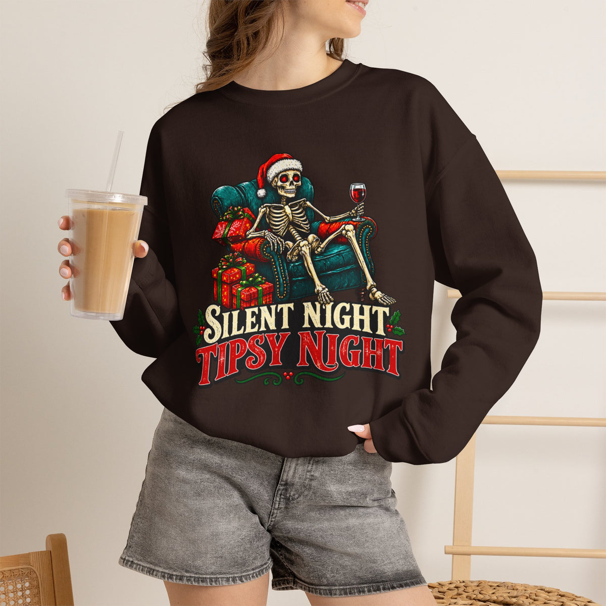 Christmas Skeleton Sweatshirt, Silent Night Tipsy Night Shirt, Funny Skeleton Santa Wine Sweatshirt, Skeleton Christmas Shirt, Holiday Tee