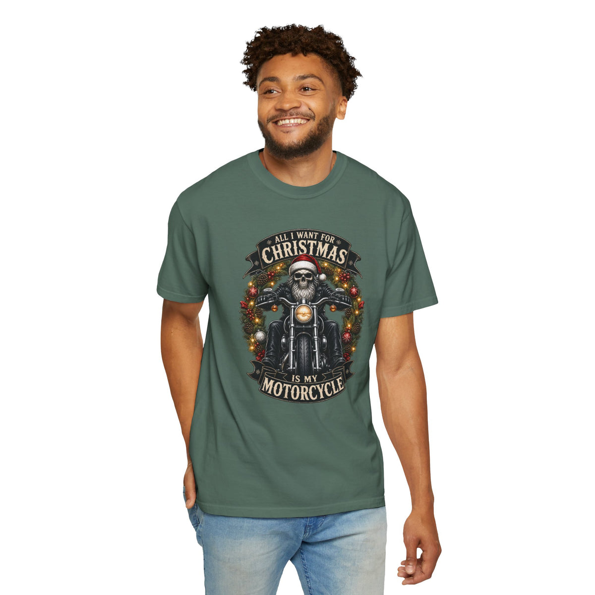 Comfort Colors Skeleton Biker Christmas T-shirt, All I Want for Christmas Is My Motorcycle Shirt, Santa Skull Motorcycle Top, Gift for Biker