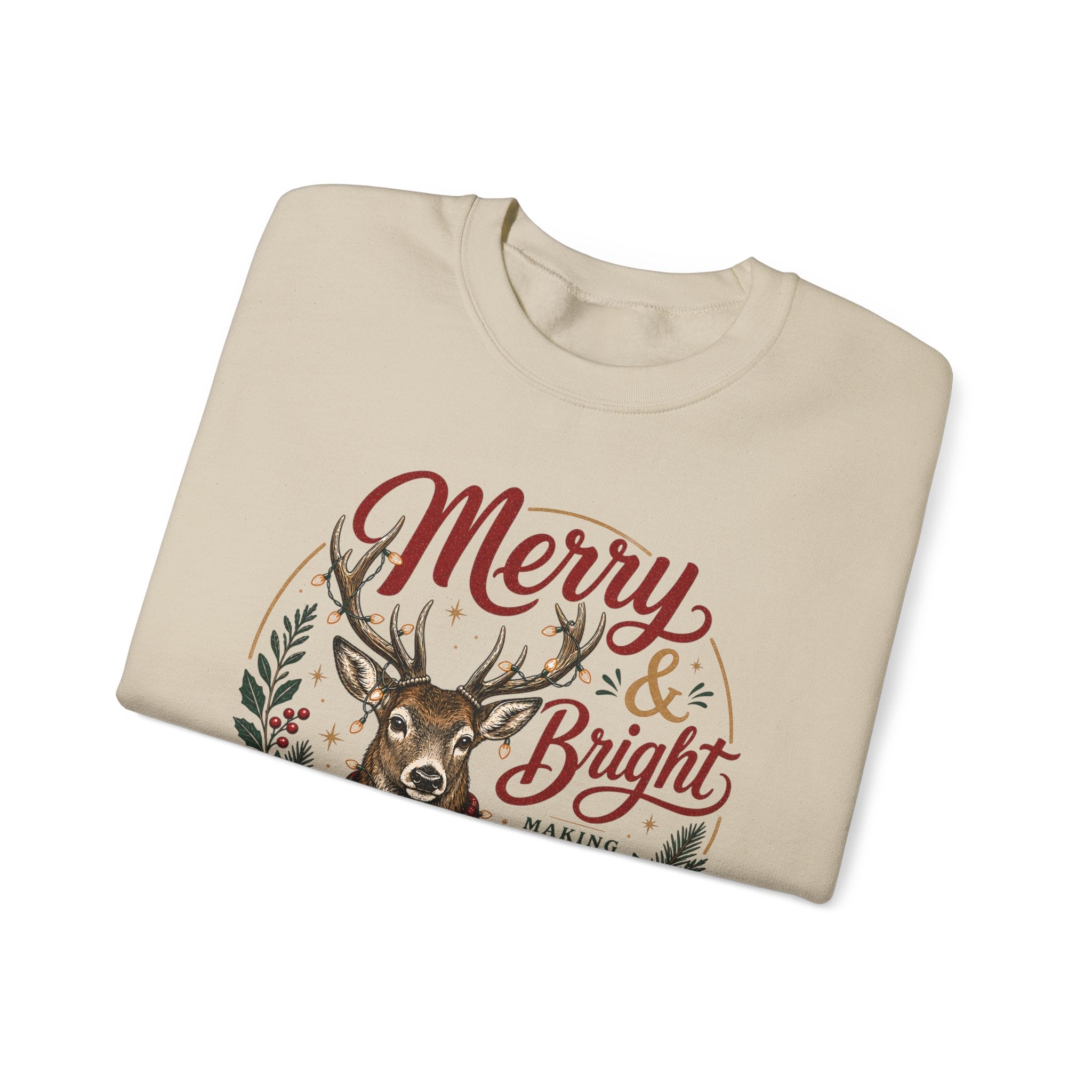 Merry & Bright Deer Sweatshirt, Christmas Reindeer Crewneck, Making Spirits Bright Shirt, Plaid Scarf Deer Sweater, Xmas Gift for Her