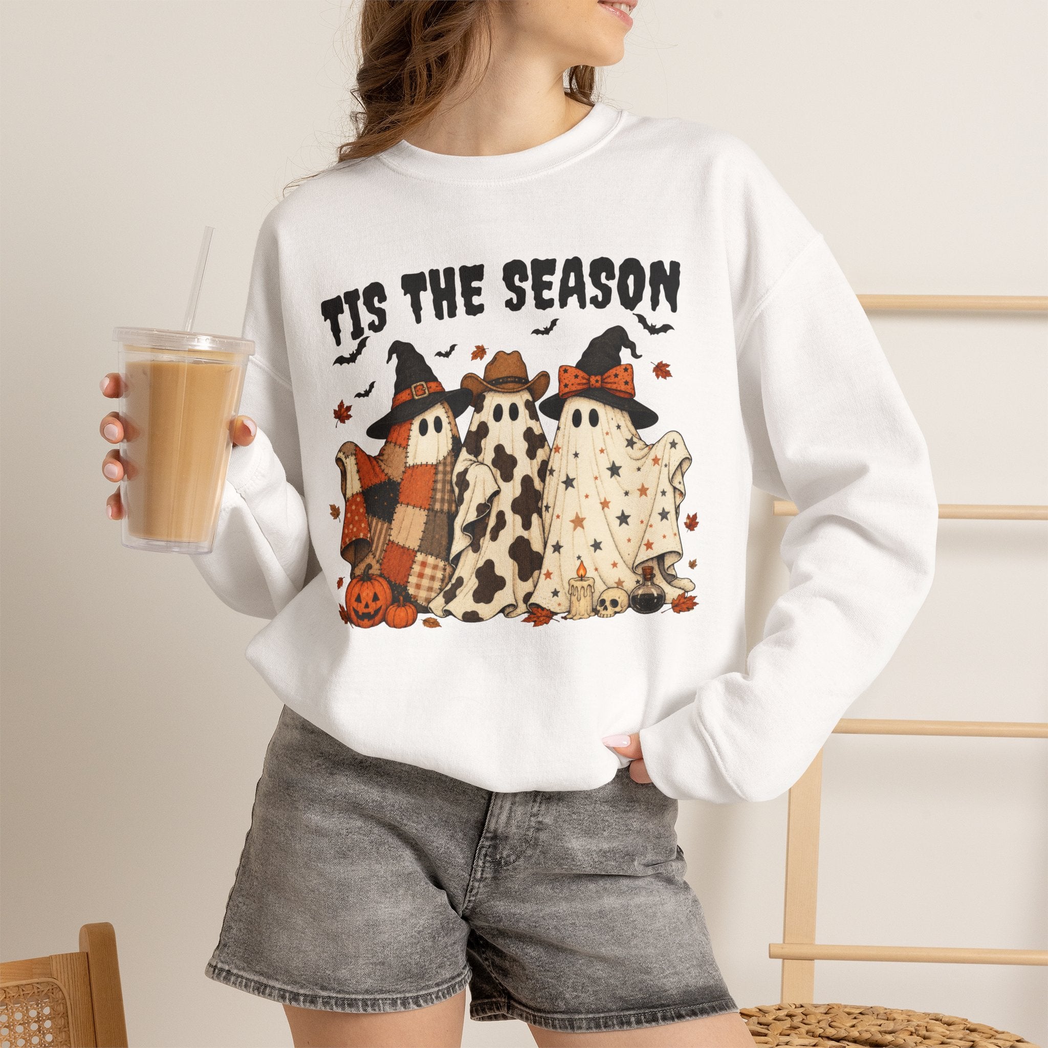 Tis The Season Ghost Sweatshirt, Halloween Ghost Crewneck, Witch Hat Ghost Shirt, Cow Print Plaid Ghost Sweater, Fall Halloween Top