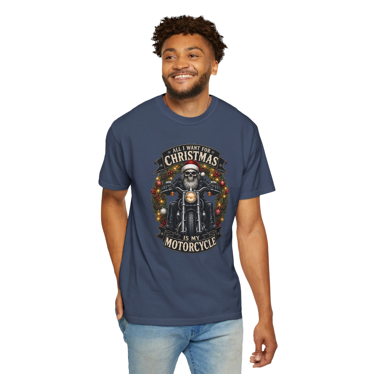 Comfort Colors Skeleton Biker Christmas T-shirt, All I Want for Christmas Is My Motorcycle Shirt, Santa Skull Motorcycle Top, Gift for Biker