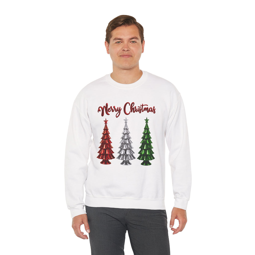 Merry Christmas Sweatshirt, Three Christmas Trees Shirt, Metallic Trees Sweater, Forest Green Christmas Crewneck, Holiday Gift for Her