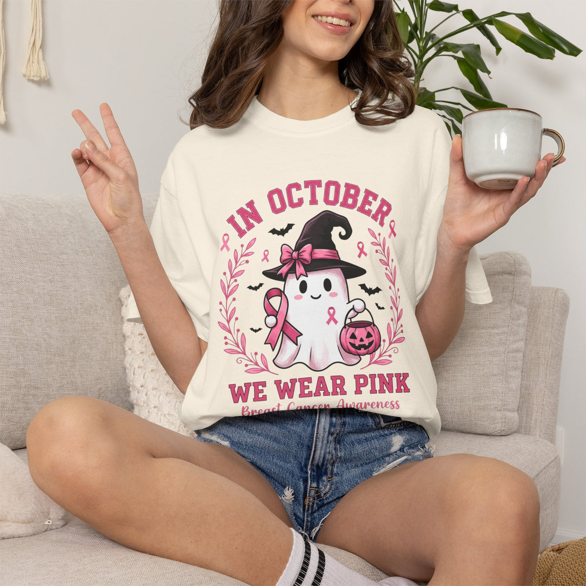In October We Wear Pink Shirt, Breast Cancer Awareness Ghost Tee, Halloween Pink Ribbon Shirt, Cute Ghost Pumpkin Support Survivor Gift