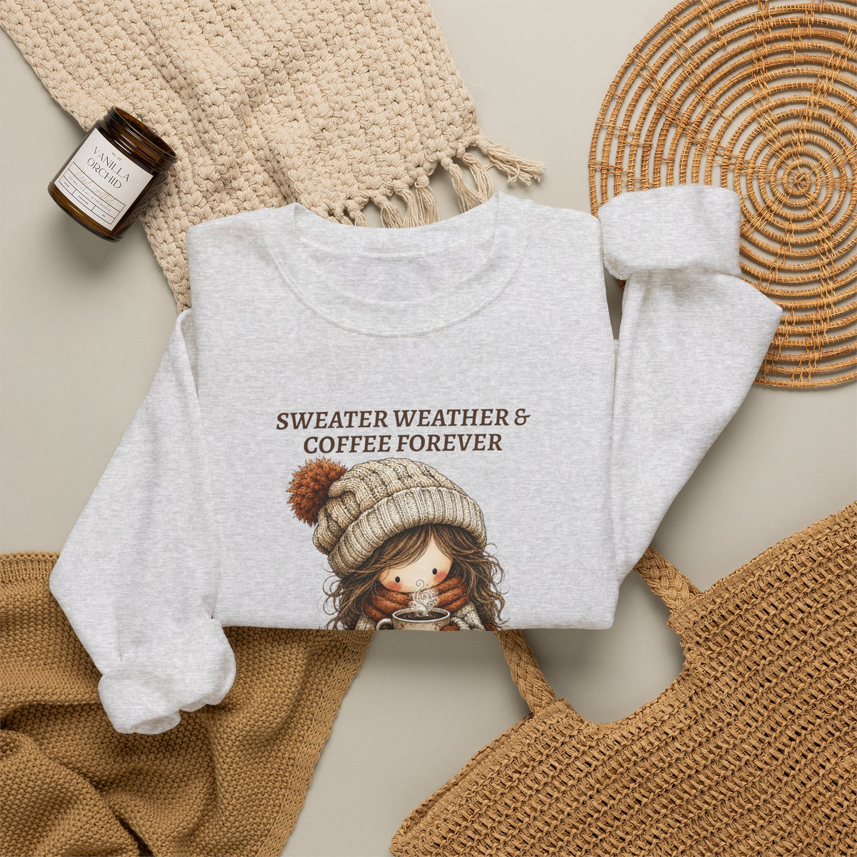 Sweater Weather & Coffee Forever Sweatshirt, Fall Girl Coffee Cup Shirt, Cozy Autumn Crewneck, Cute Boho Fall Vibes Tee, Coffee Lover Gift