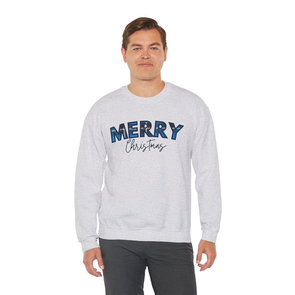Merry Christmas Blue Plaid Sweatshirt | Buffalo Check Christmas Shirt | Winter Holiday Crewneck | Xmas Gift for Her | Cozy Christmas Top